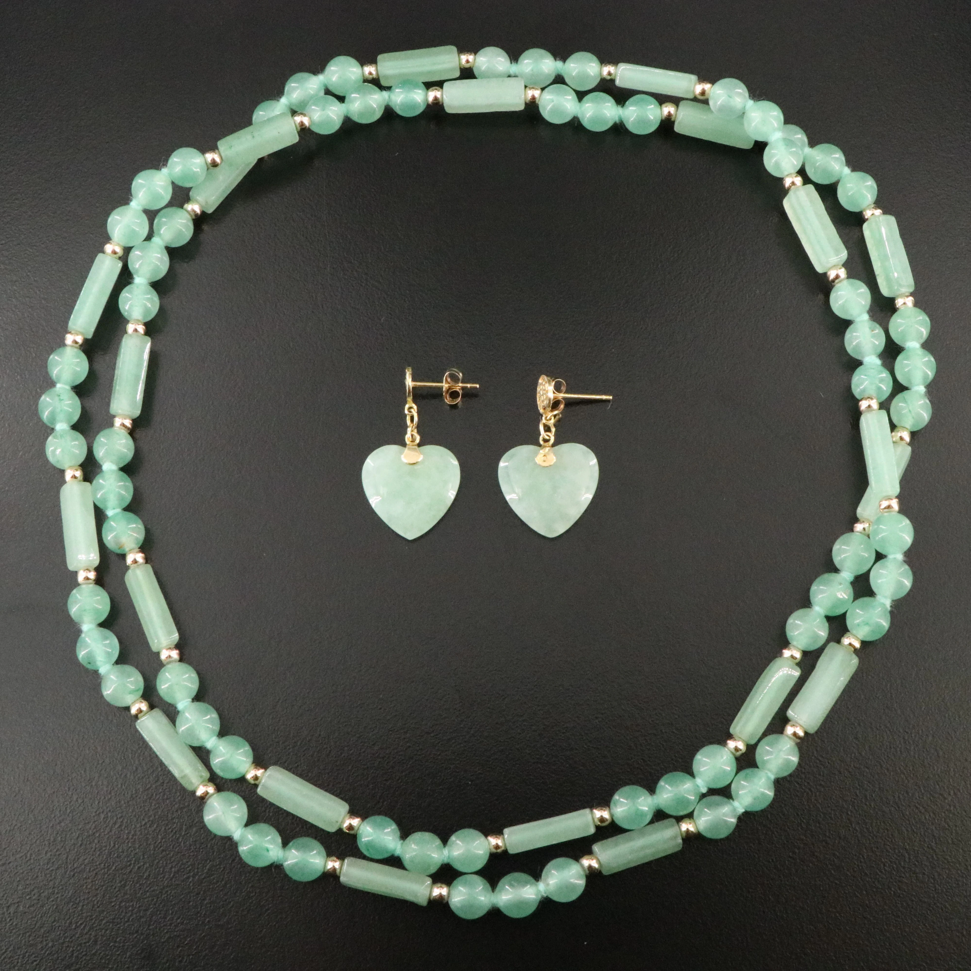 14K Jadeite Heart and Good Fortune Earrings with Aventurine Bead Necklace