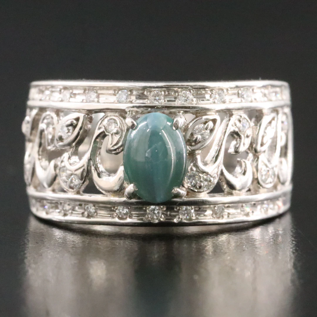 Platinum 1.48 CT Cat's Eye Alexandrite and Diamond Ring with Ivy Detail