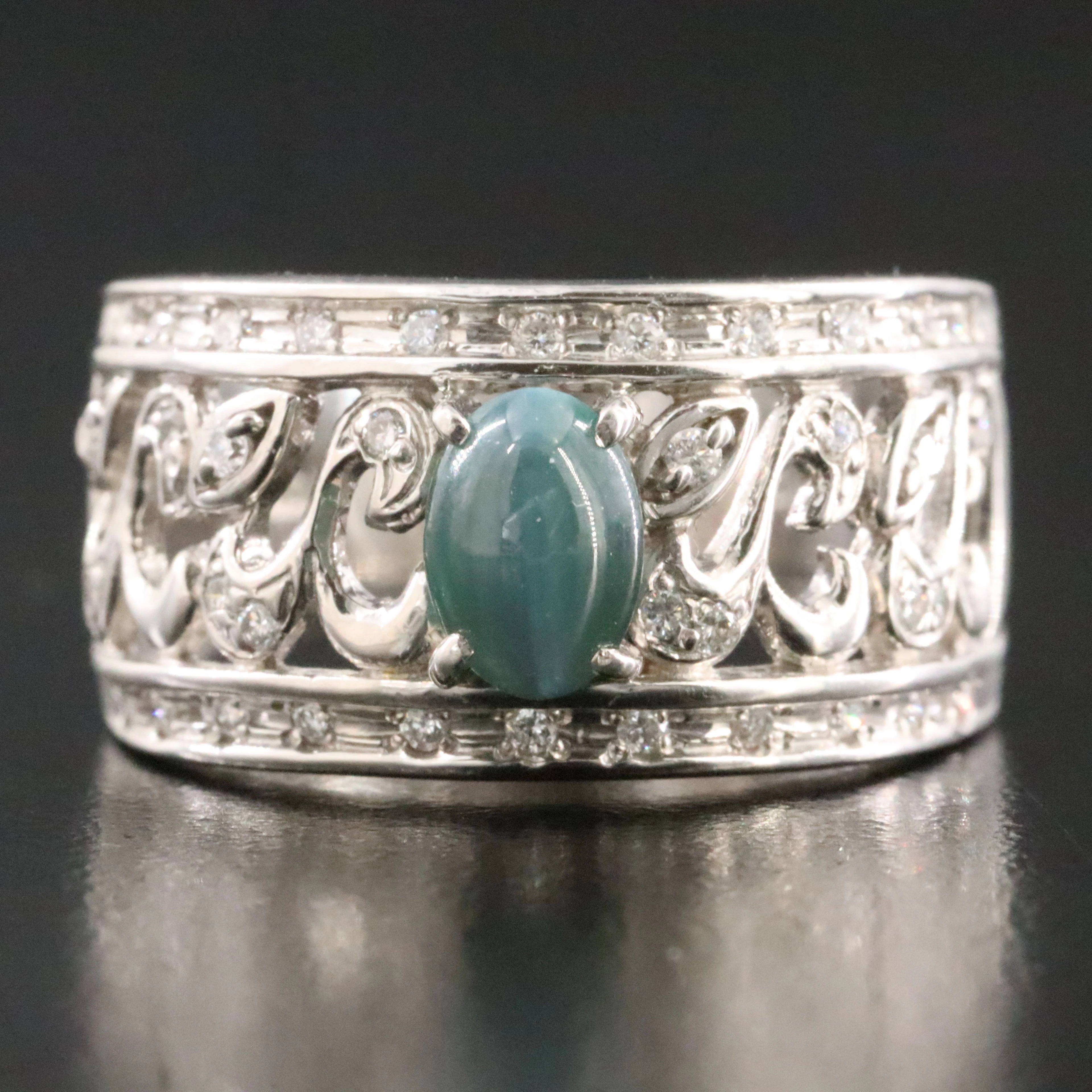 Platinum 1.48 CT Cat's Eye Alexandrite and Diamond Ring with Ivy Detail
