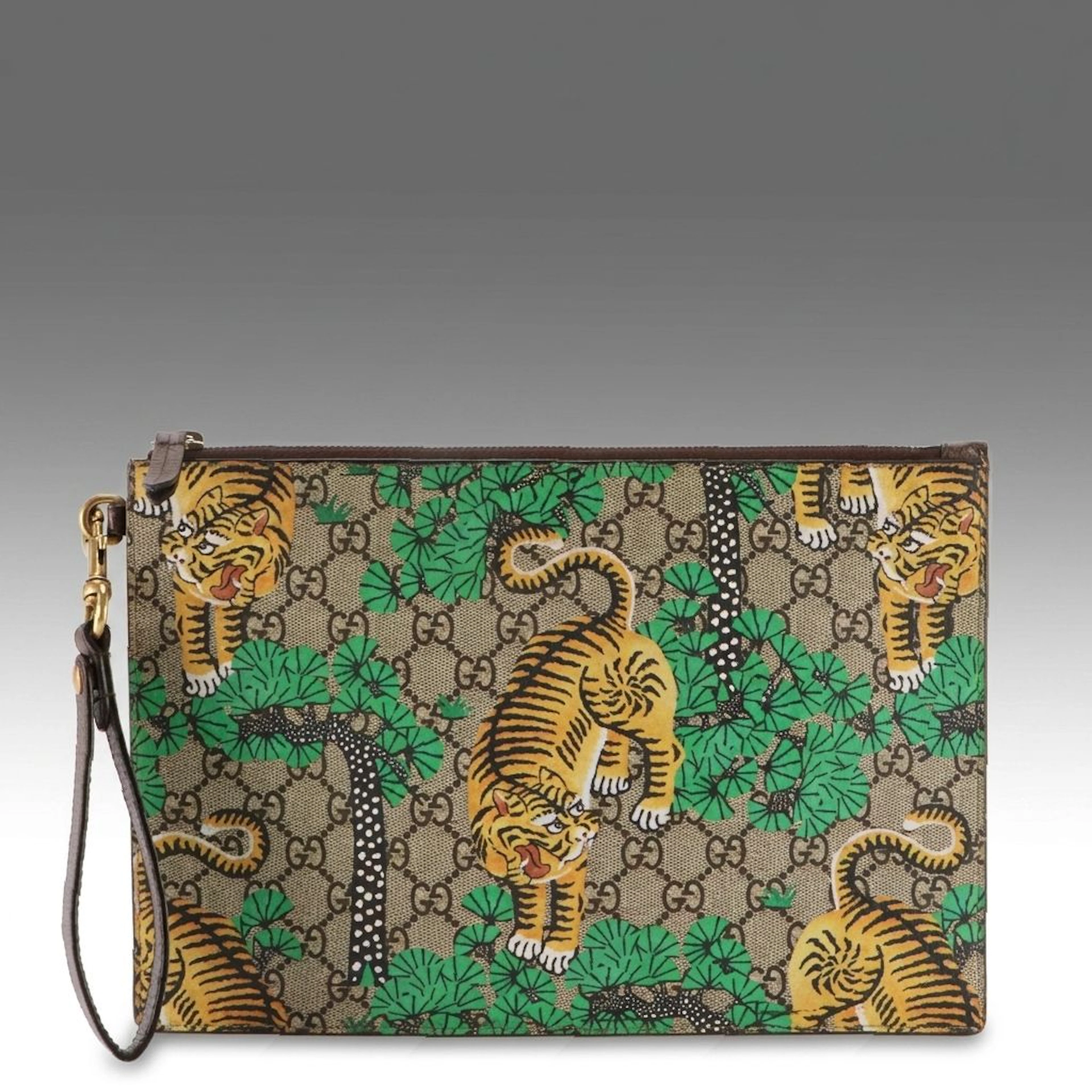 Gucci GG Supreme Bengal Tiger Canvas and Leather Zip Pouch With Wristlet Strap
