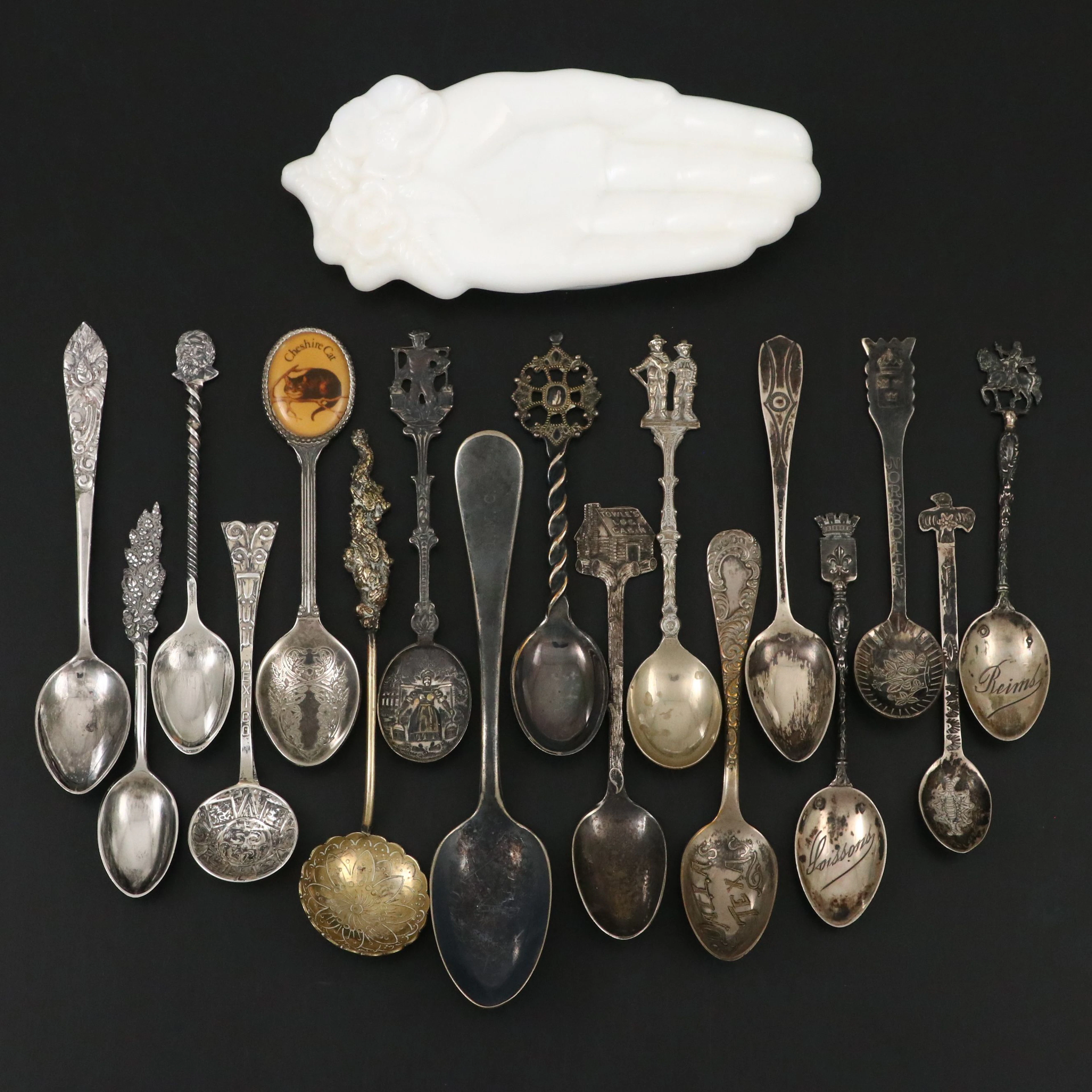 Avon Milk Glass Hand Dish with Sterling Silver, Silver Plate and More Spoons
