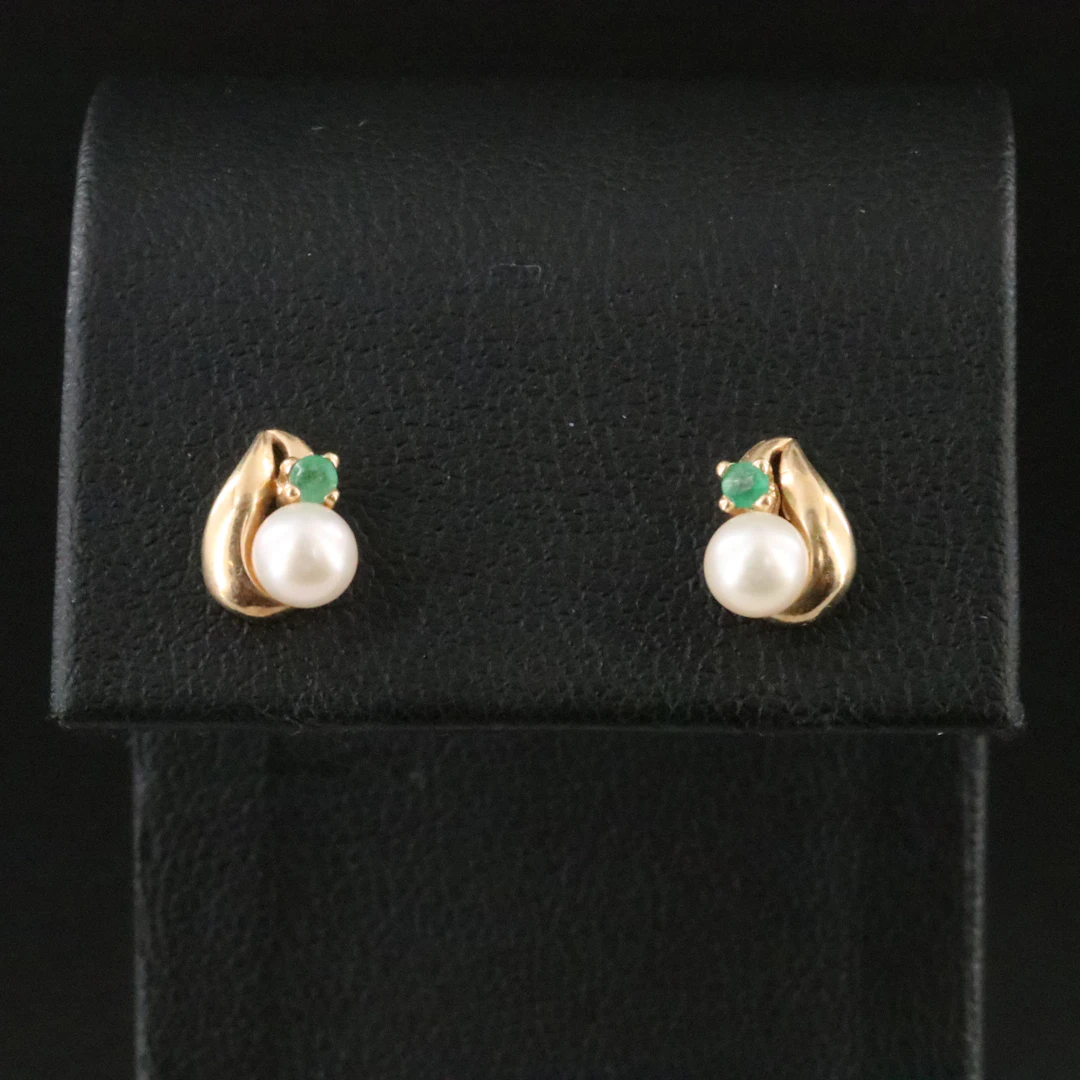 14K Pearl and Emerald Earrings