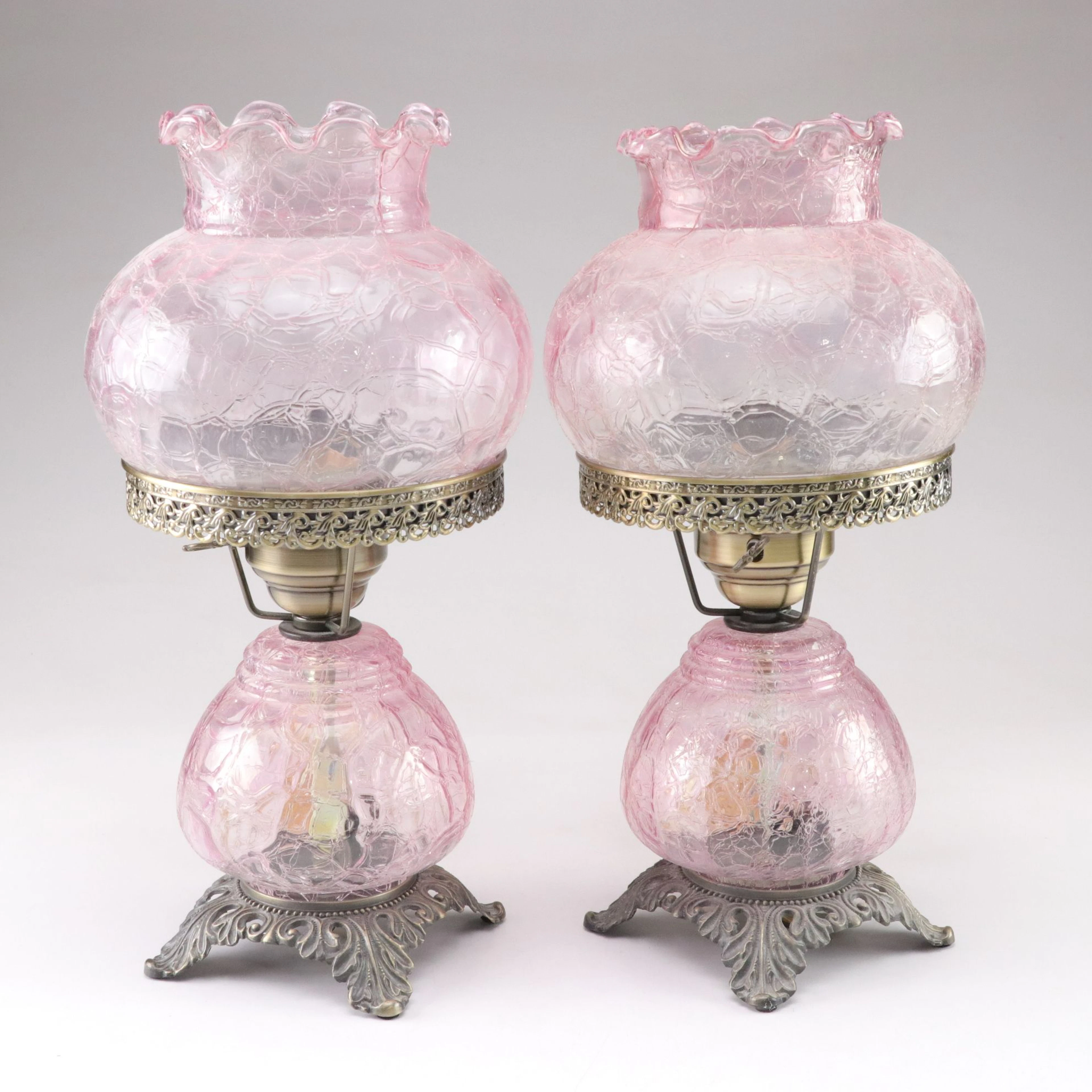 Pink Crackle Glass Parlor Lamps with Ruffled Edges