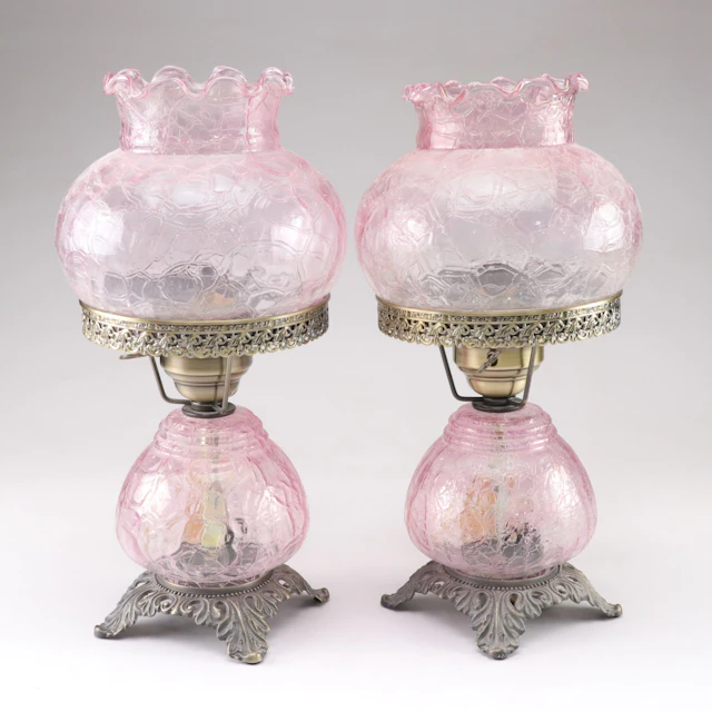 Pink Crackle Glass Parlor Lamps with Ruffled Edges