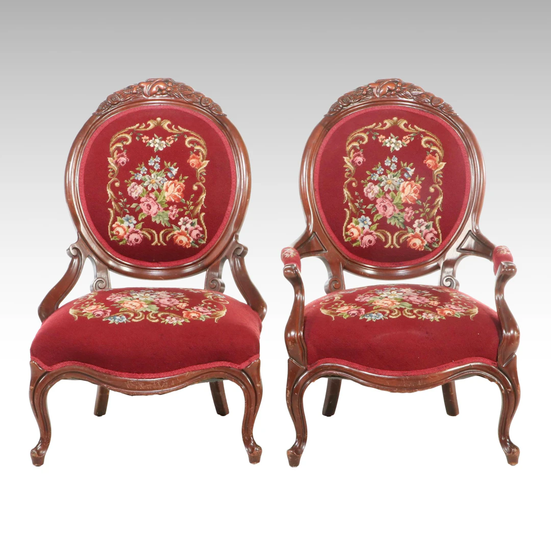 Louis XV Style Armchair and Side Chair with Needlepoint Upholstery, Mid-20th C.