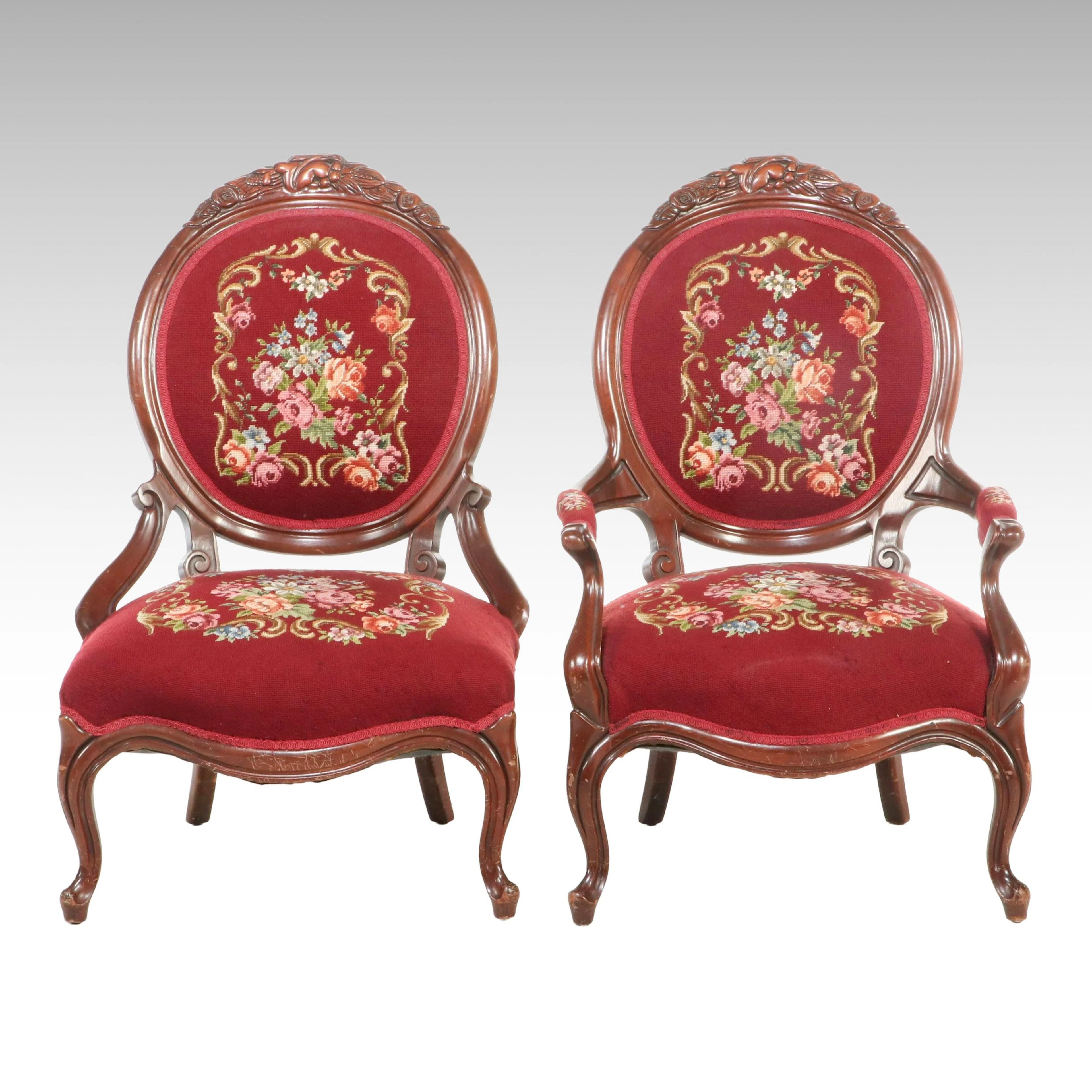 Louis XV Style Armchair and Side Chair with Needlepoint Upholstery, Mid-20th C.