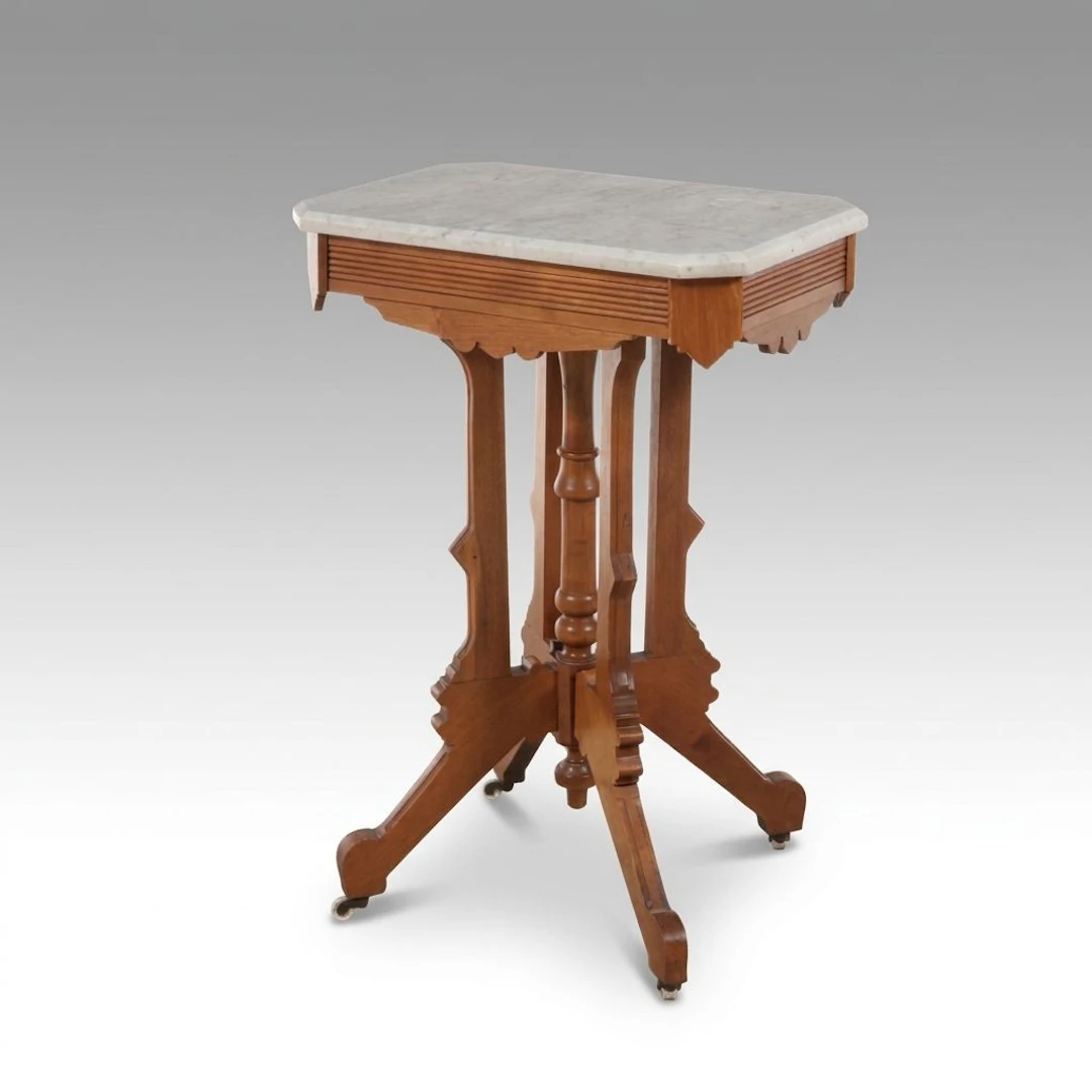 Victorian Eastlake Style White Marble Top Walnut Parlor Table, Late