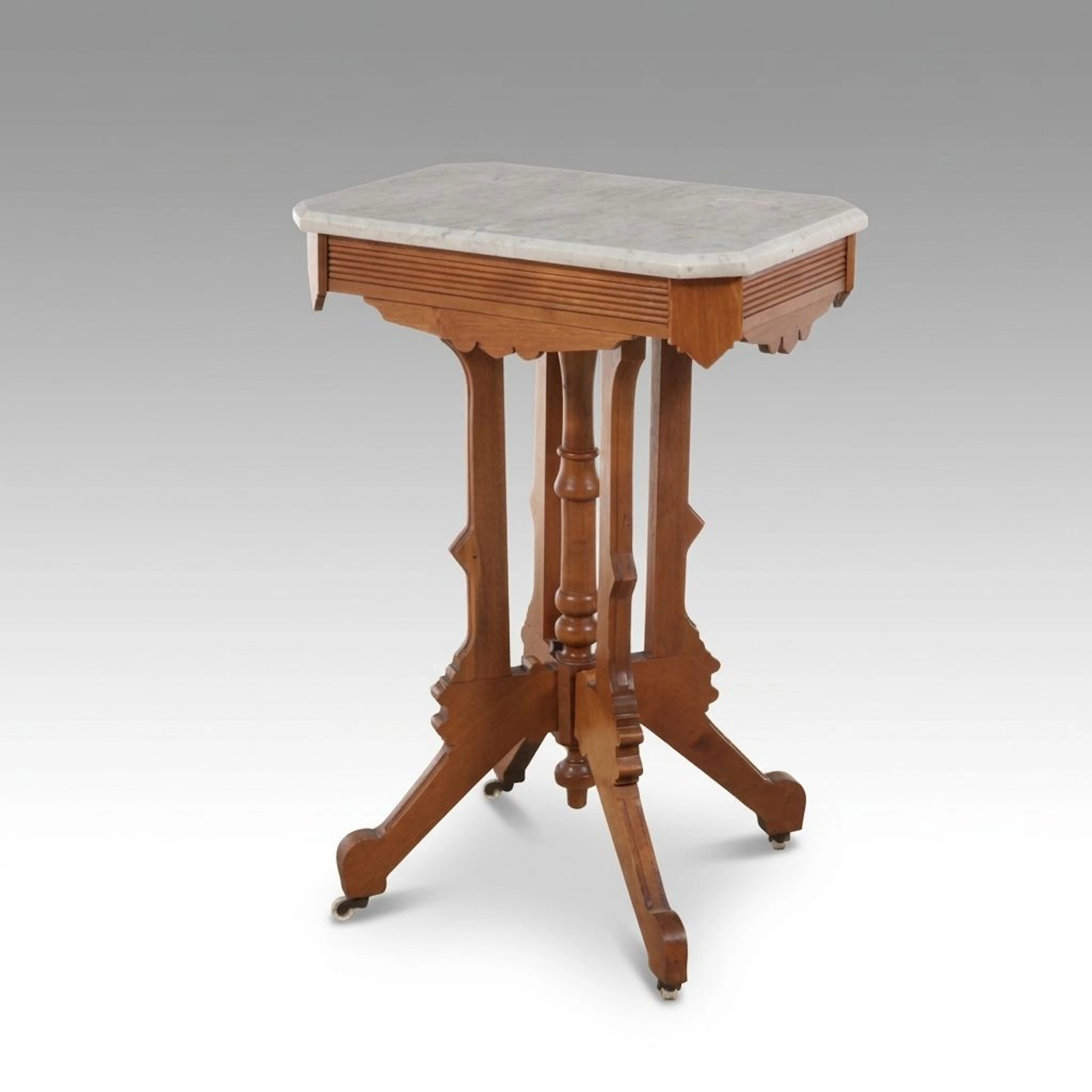 Victorian Eastlake Style White Marble Top Walnut Parlor Table, Late