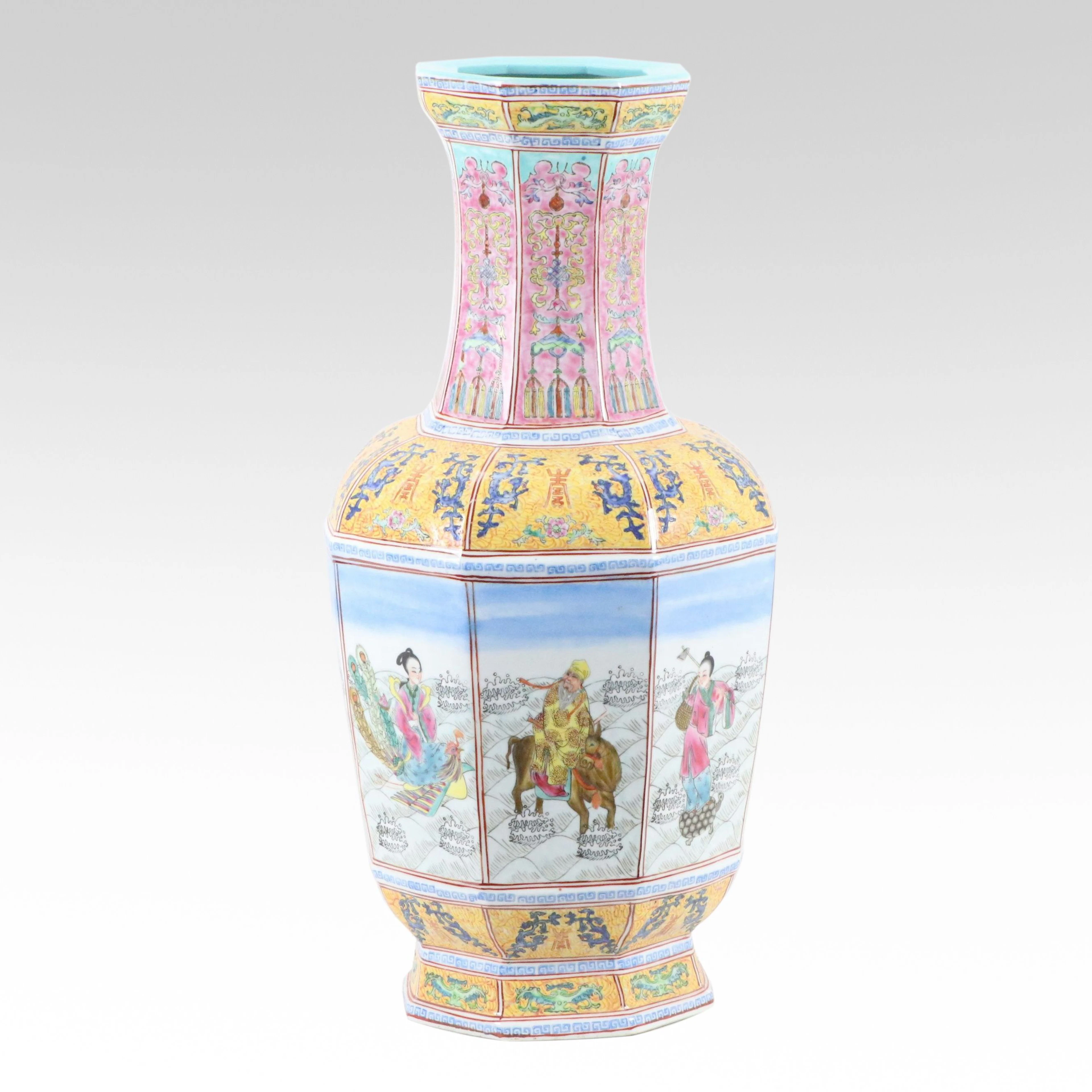 Vintage Chinese Famille Rose Enameled Octagonal Porcelain Vase