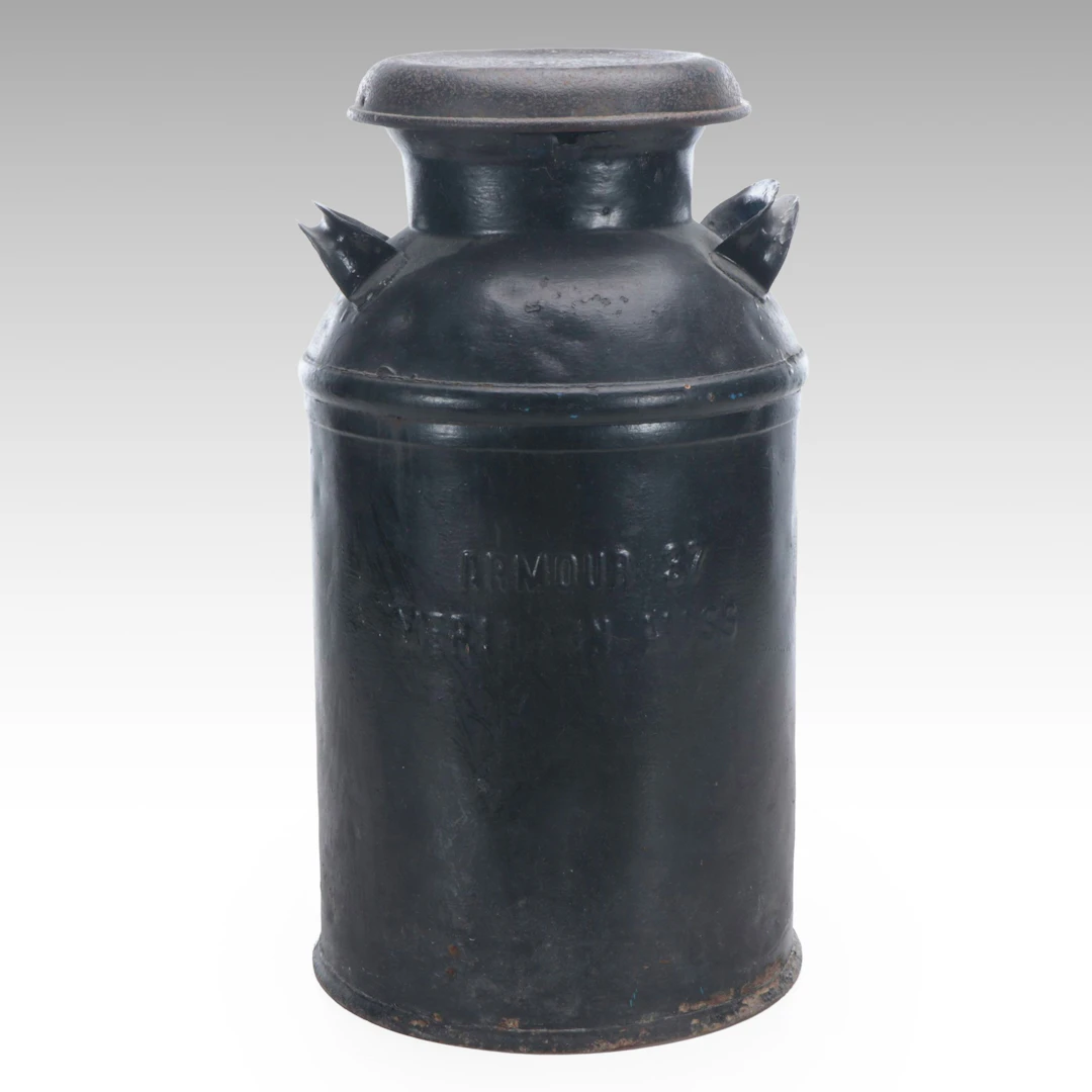 Armour Black Metal Dairy Milk Can, Mid-20th Century