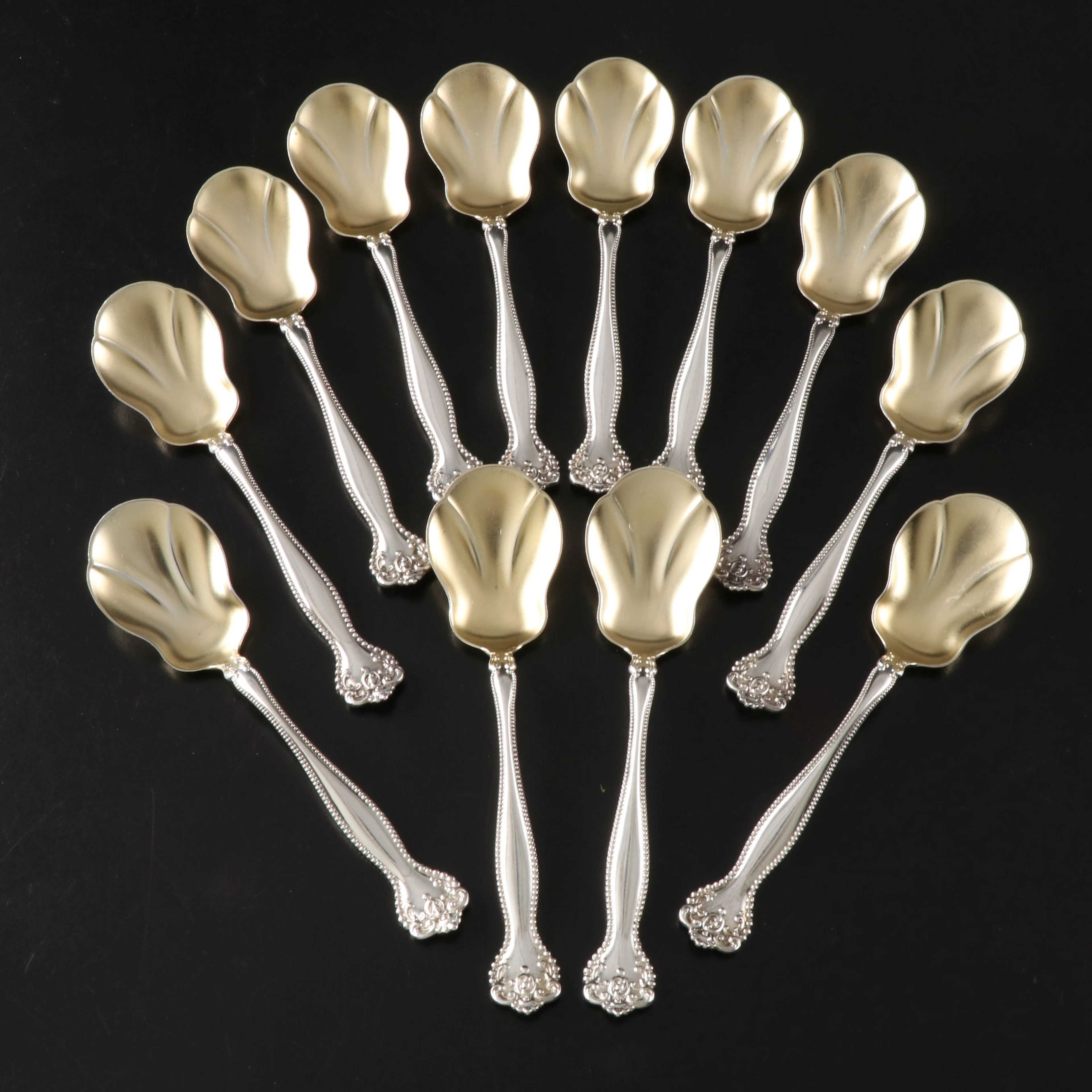 Alvin Sterling Silver Gold Wash Ice Cream Spoons, Early 20th Century