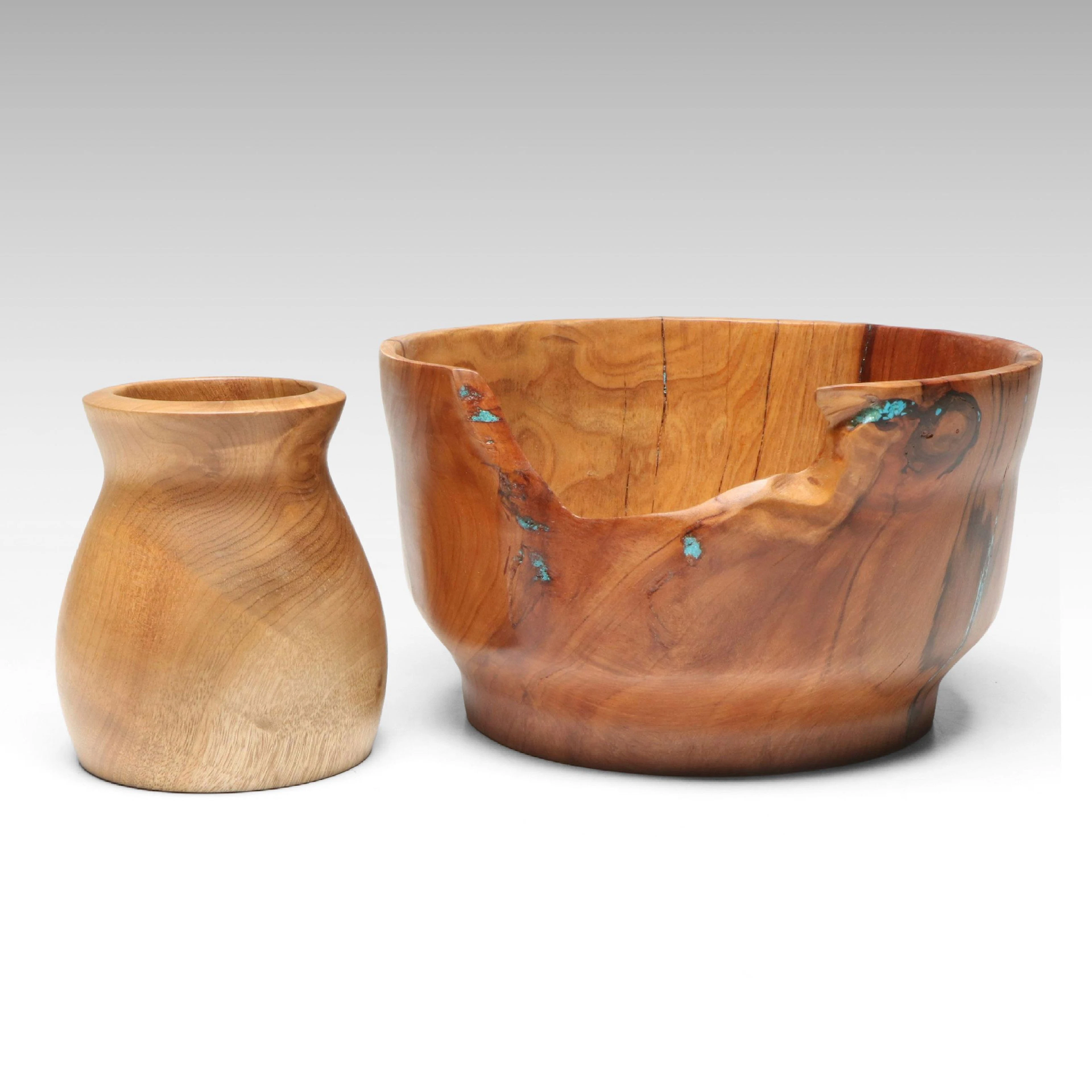 Turquoise Inlaid Wooden Bowl with Other Polished Wood Vase