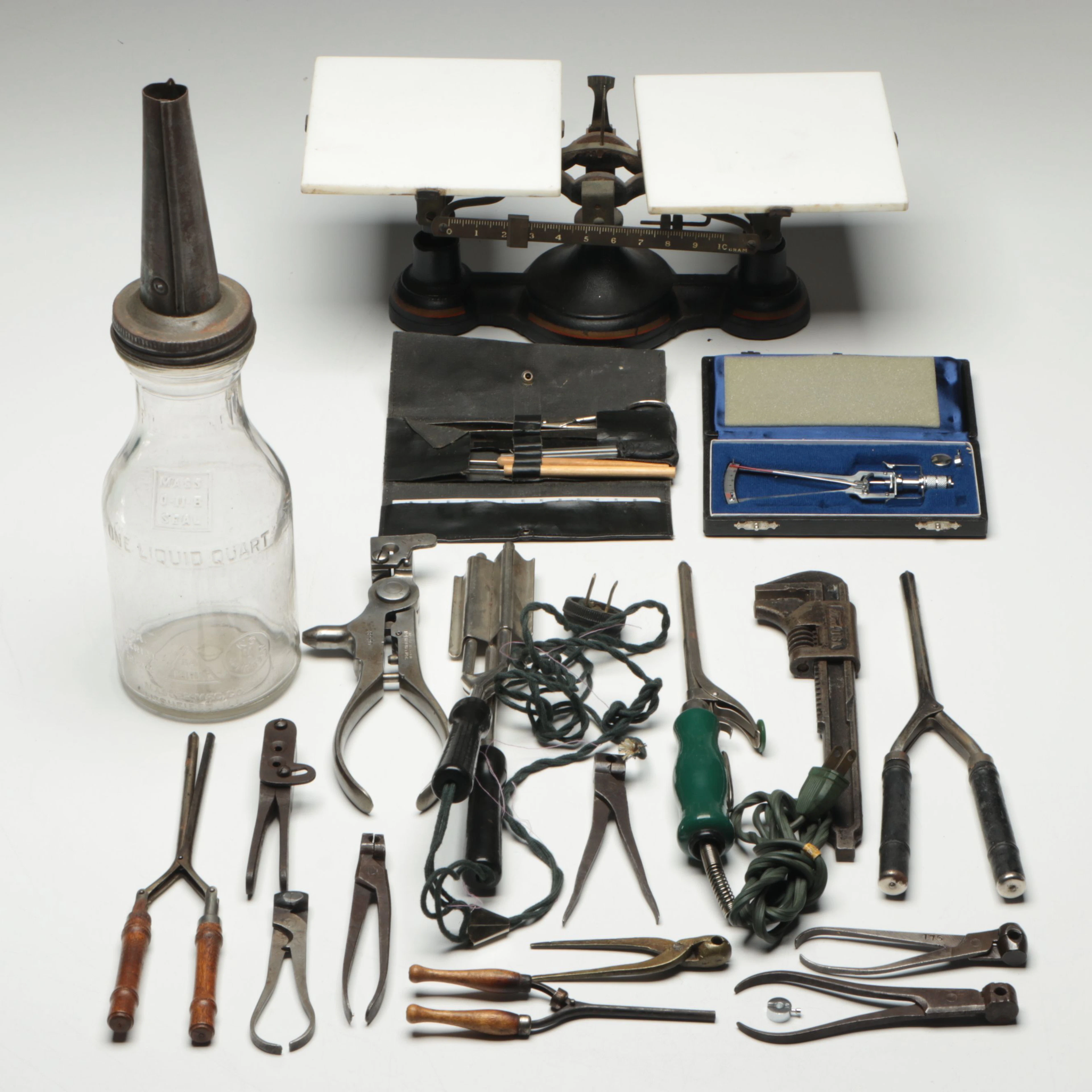 Cast Iron and Milk Glass Balance Scale with Hair Irons, Tonometer