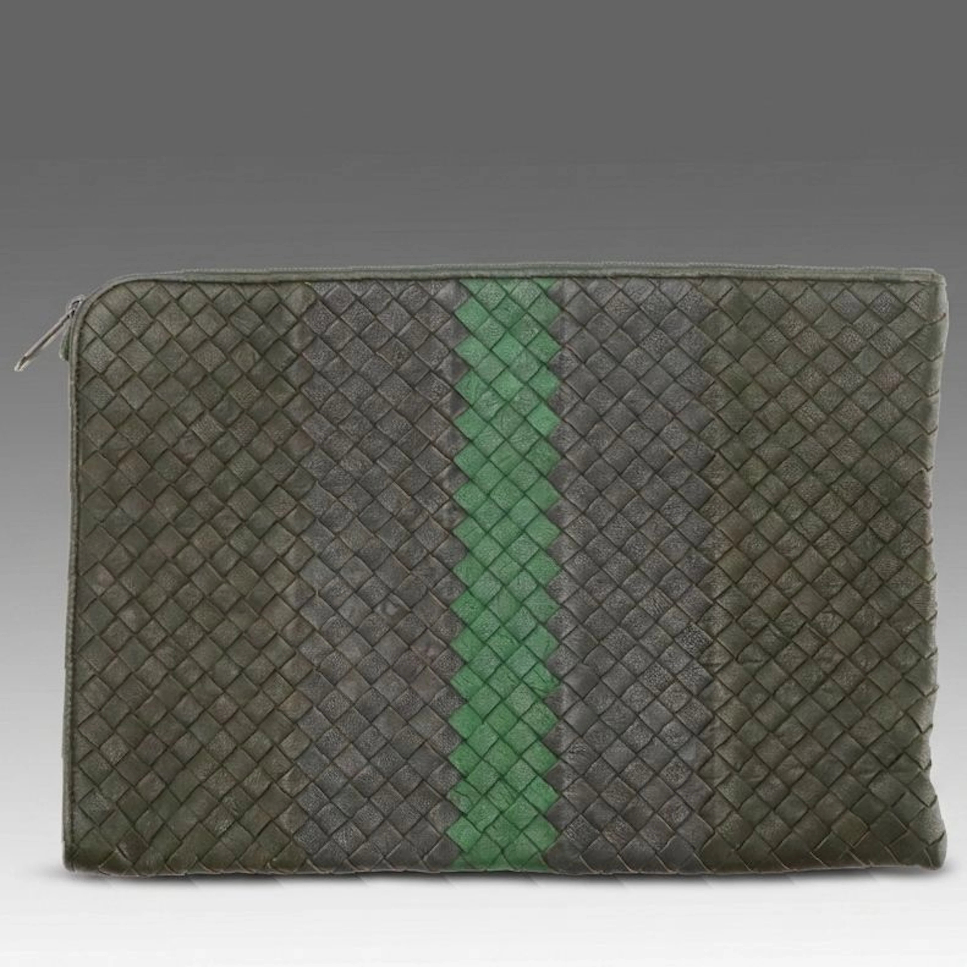 Bottega Veneta Striped Intrecciato Leather Zip Clutch in Shades of Green & Blue