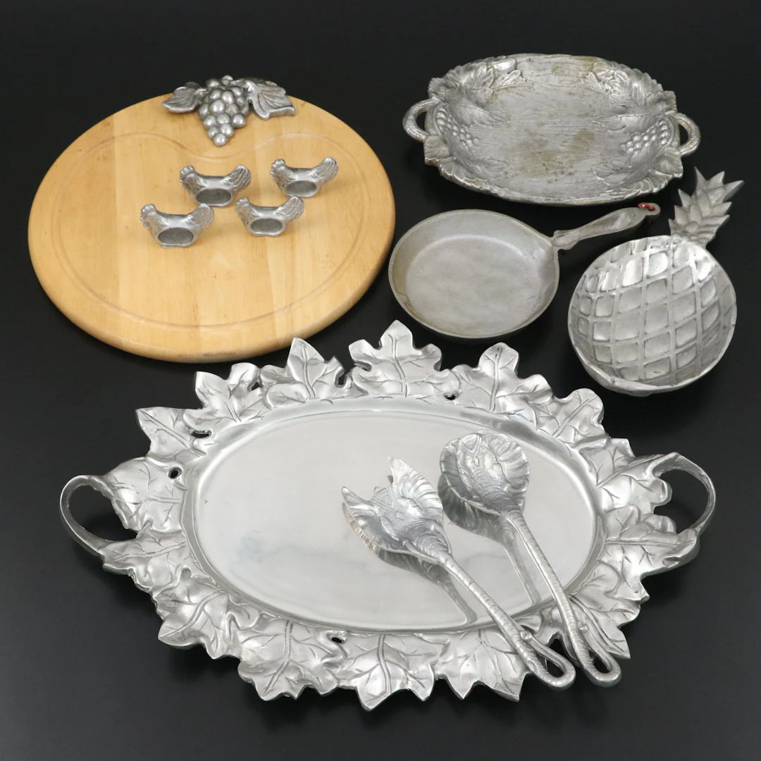 Grape Motif and Pewter Cheese Tray with More Pewter Table Accessories