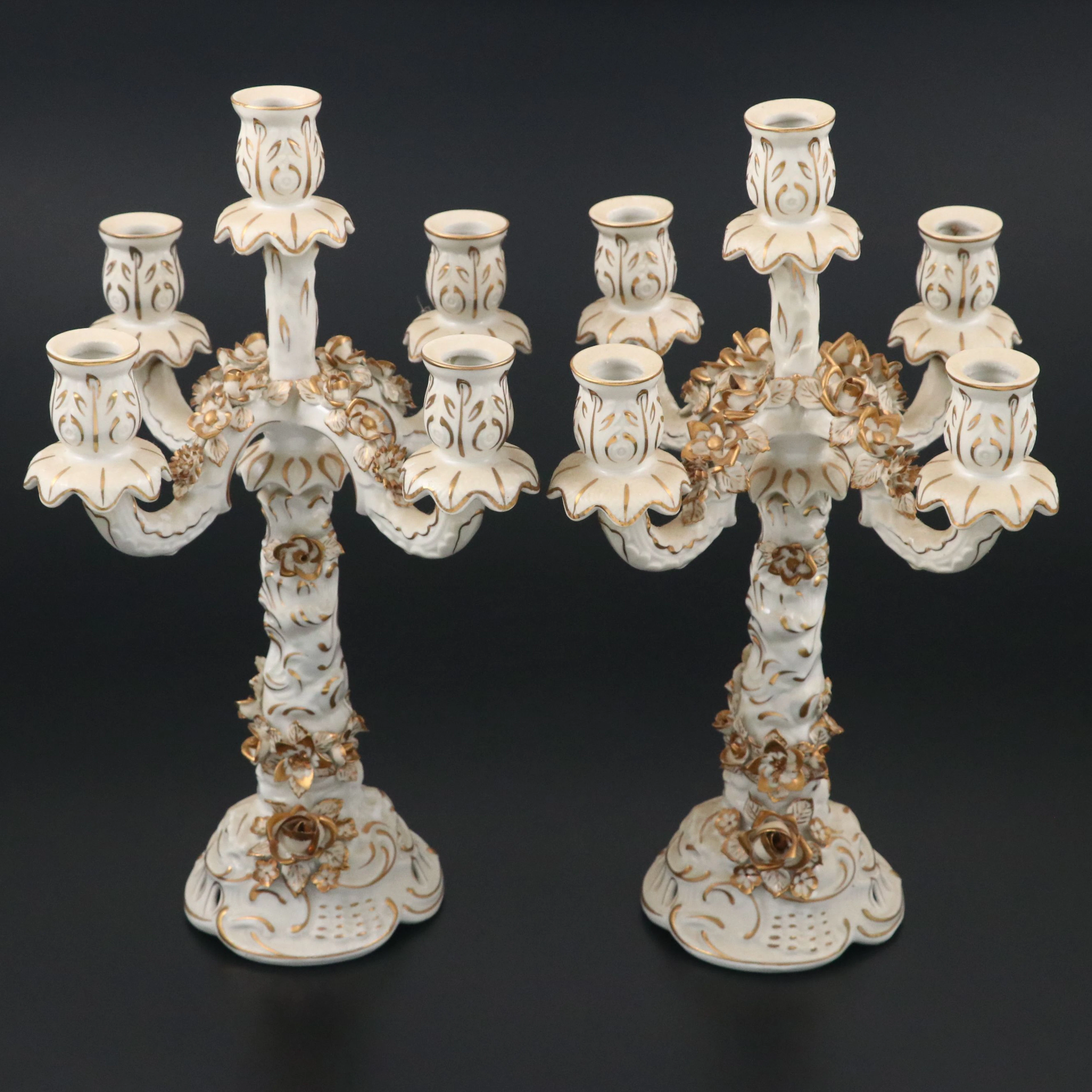 Dresden Hand-Decorated Capodimonte Style Candelabra Pair