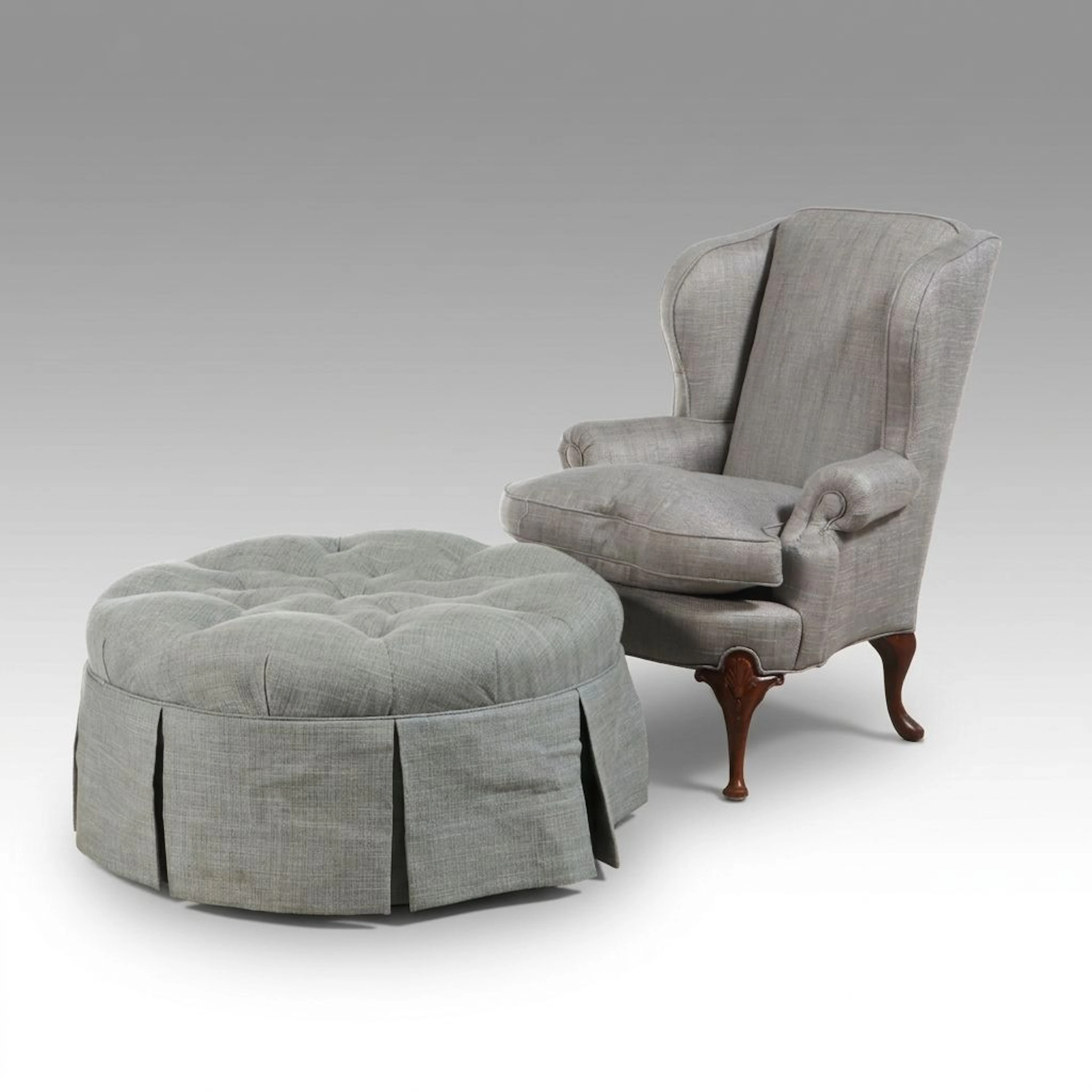 Queen Anne Style Wingback Armchair with Button-Tufted Ottoman