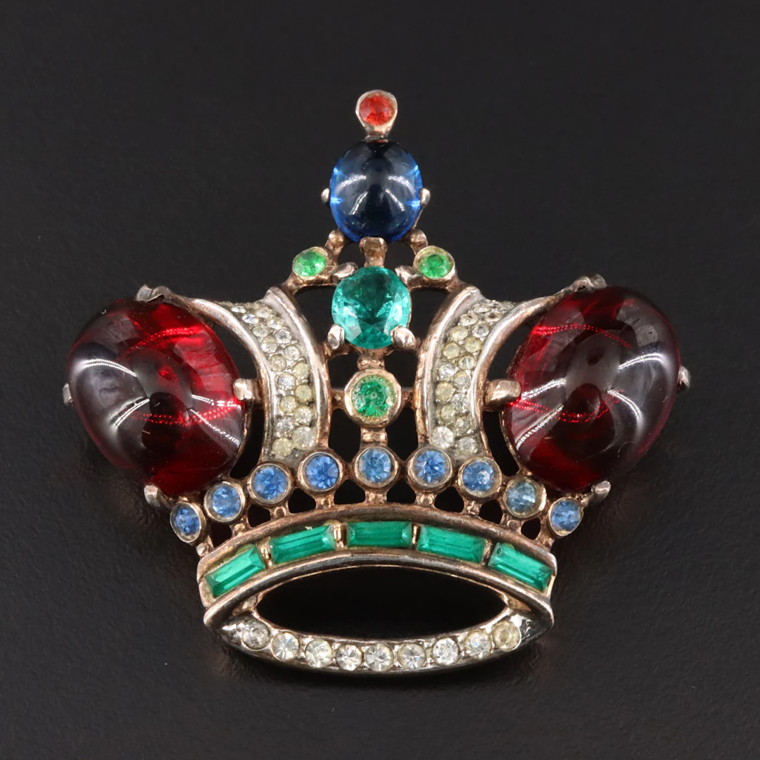 Alfred Philippe Sterling Crown Trifari Rhinestone Coronation Pin, 1940s