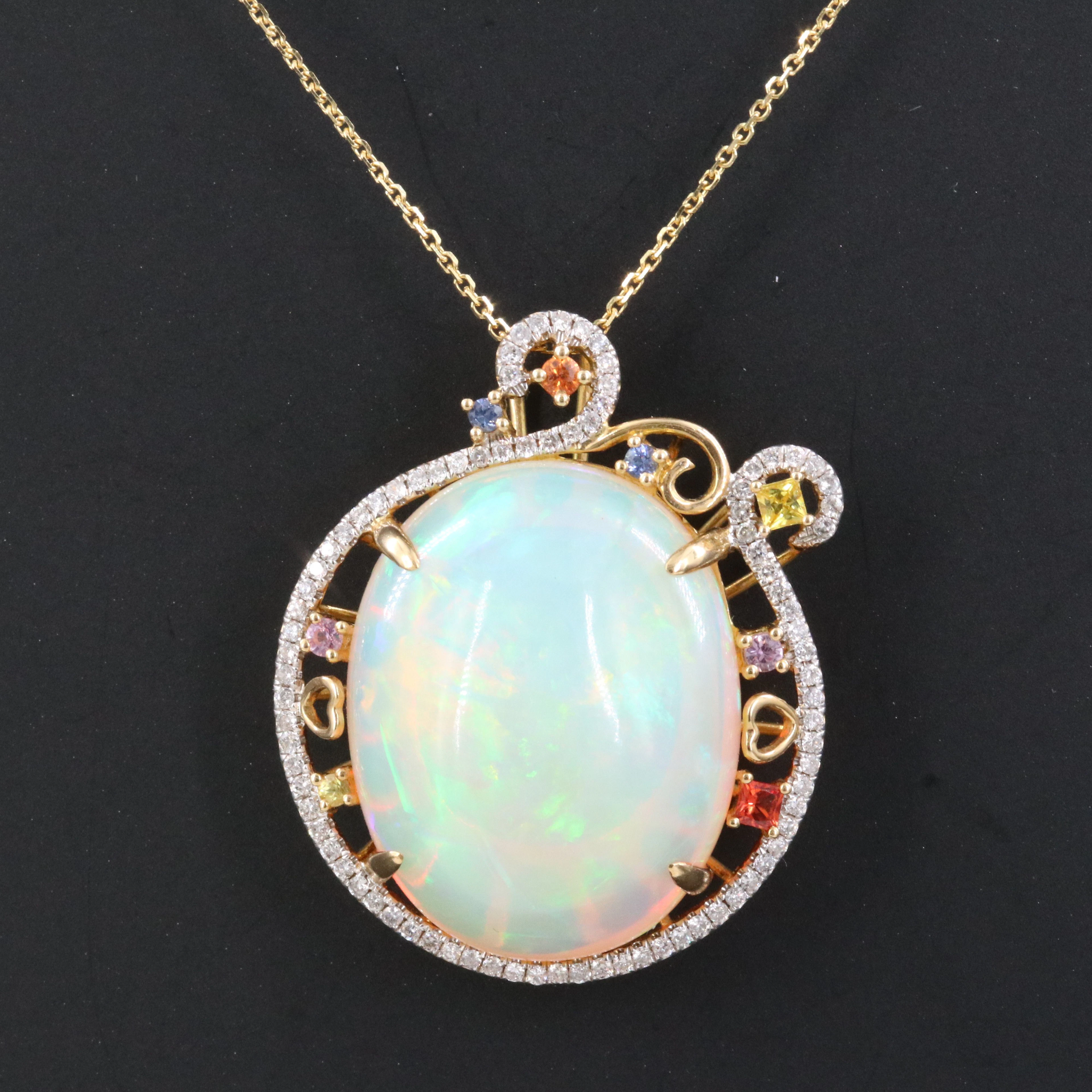 18K 37.52 CT Opal, Diamond and Sapphire Pendant on a 14K Chain with GIA Report