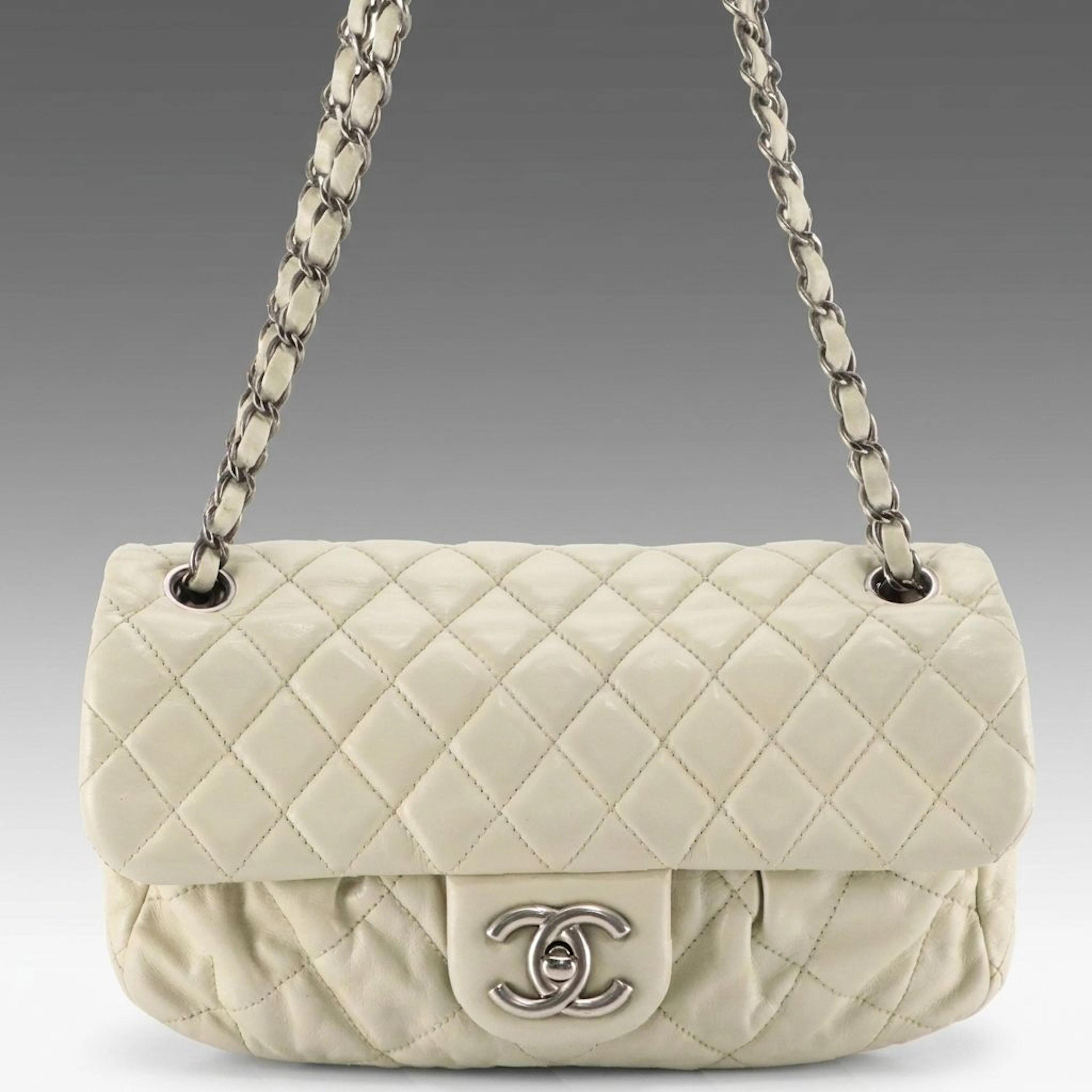Chanel Coco Pleats Flap Shoulder Bag in Light Grey Quilted Calfskin Leather