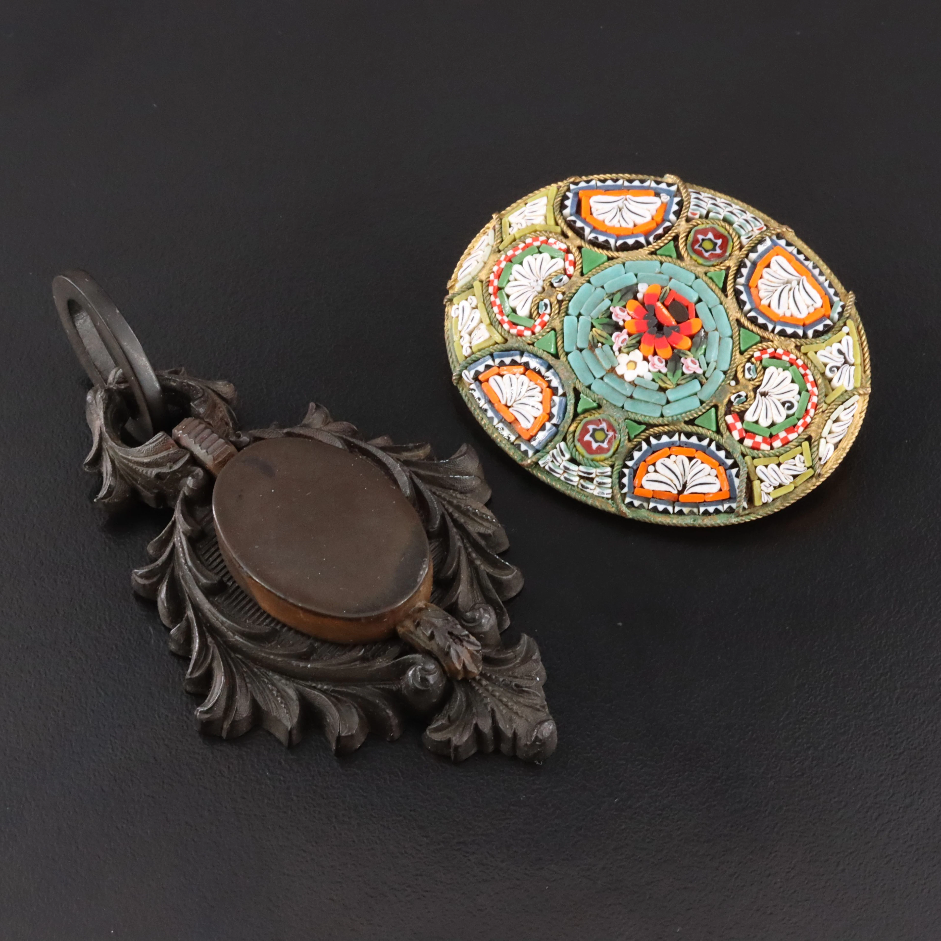 Victorian Carved Vulcanite Pendant with Antique Italian Micromosaic Brooch