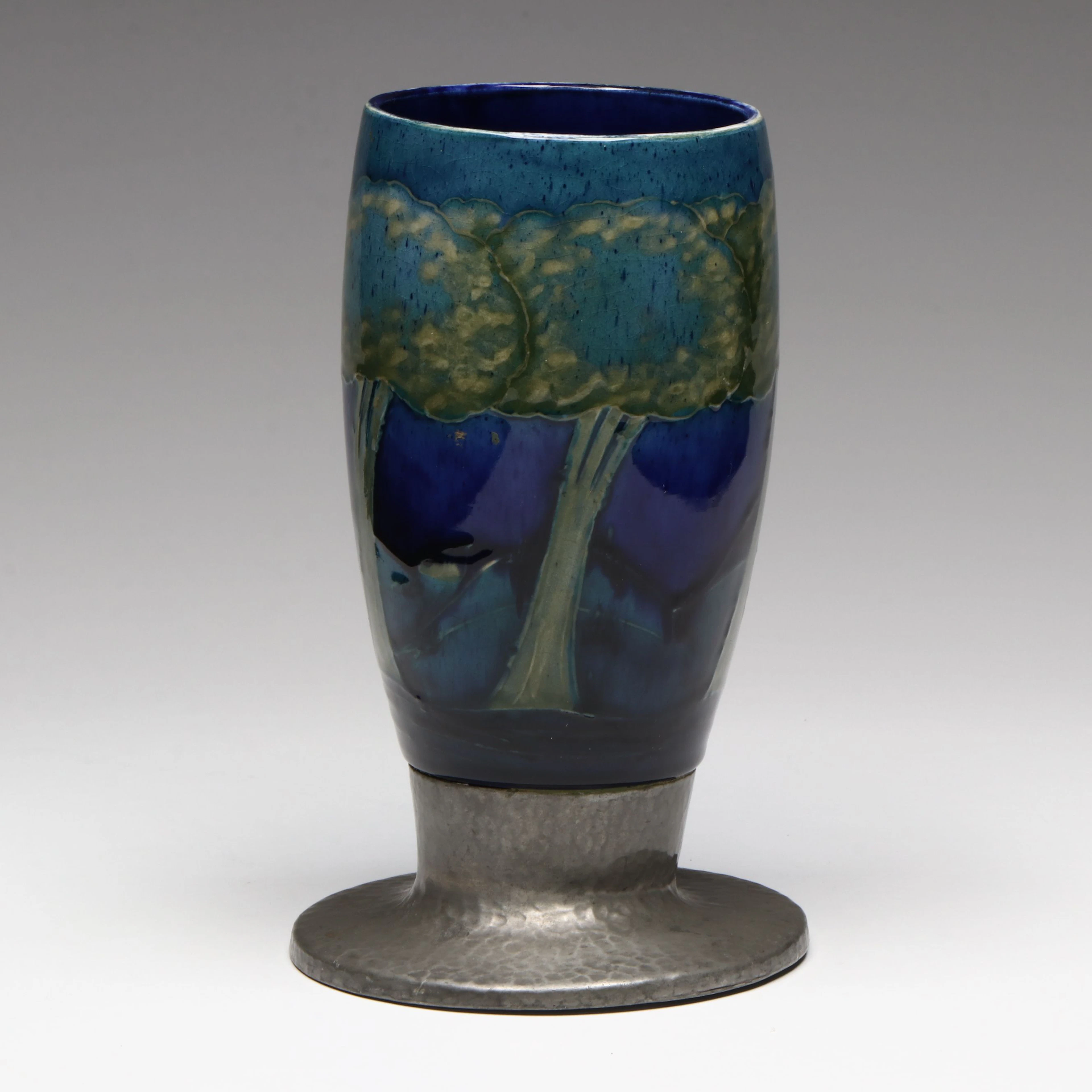Antique Moorcroft "Moonlit Blue" Vase with Tudric Pewter Base, Circa 1920–1922