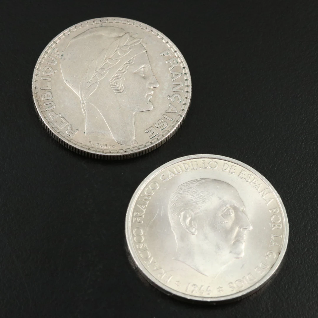 Two Large Silver European Coins, 1938 France, and 1966 Spain