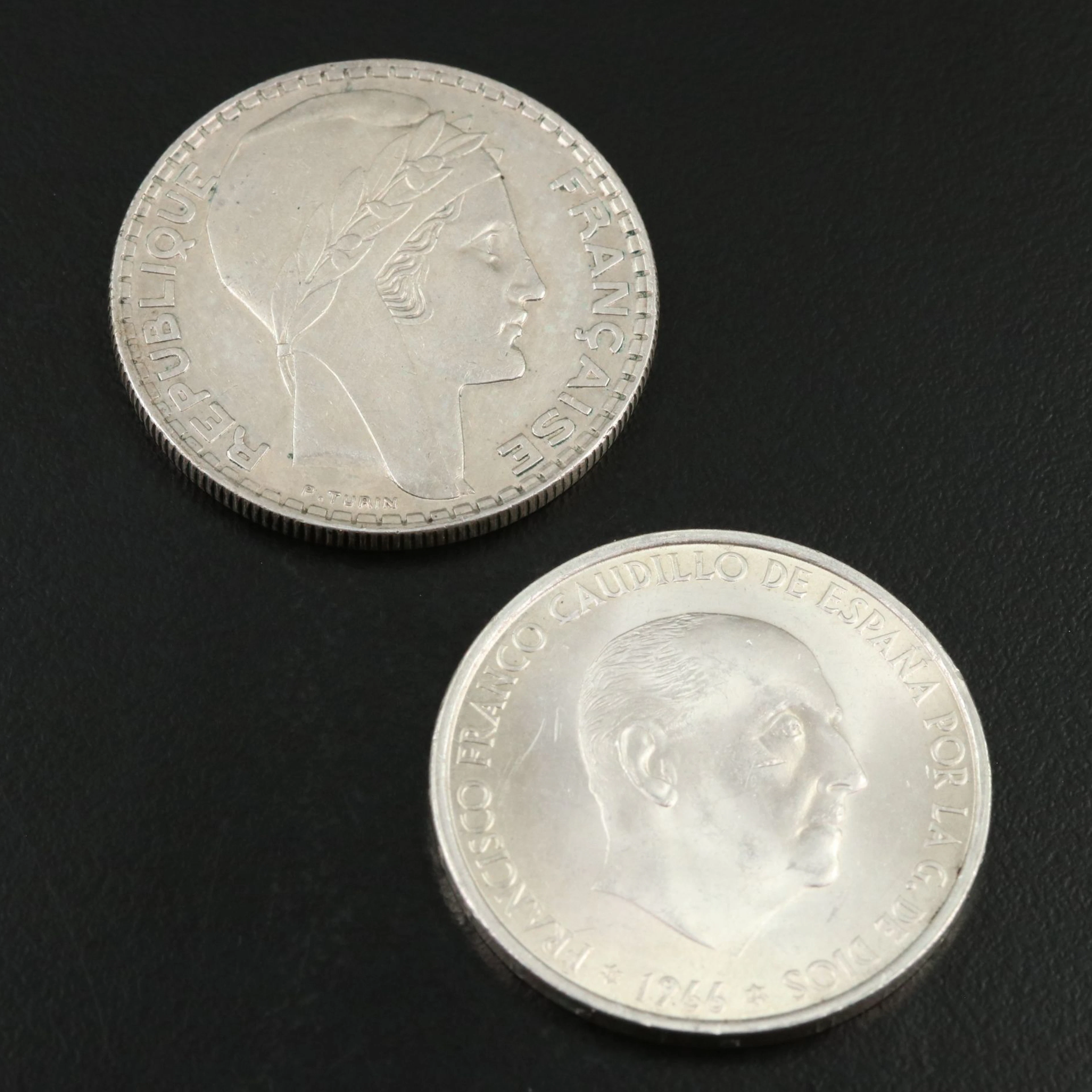 Two Large Silver European Coins, 1938 France, and 1966 Spain