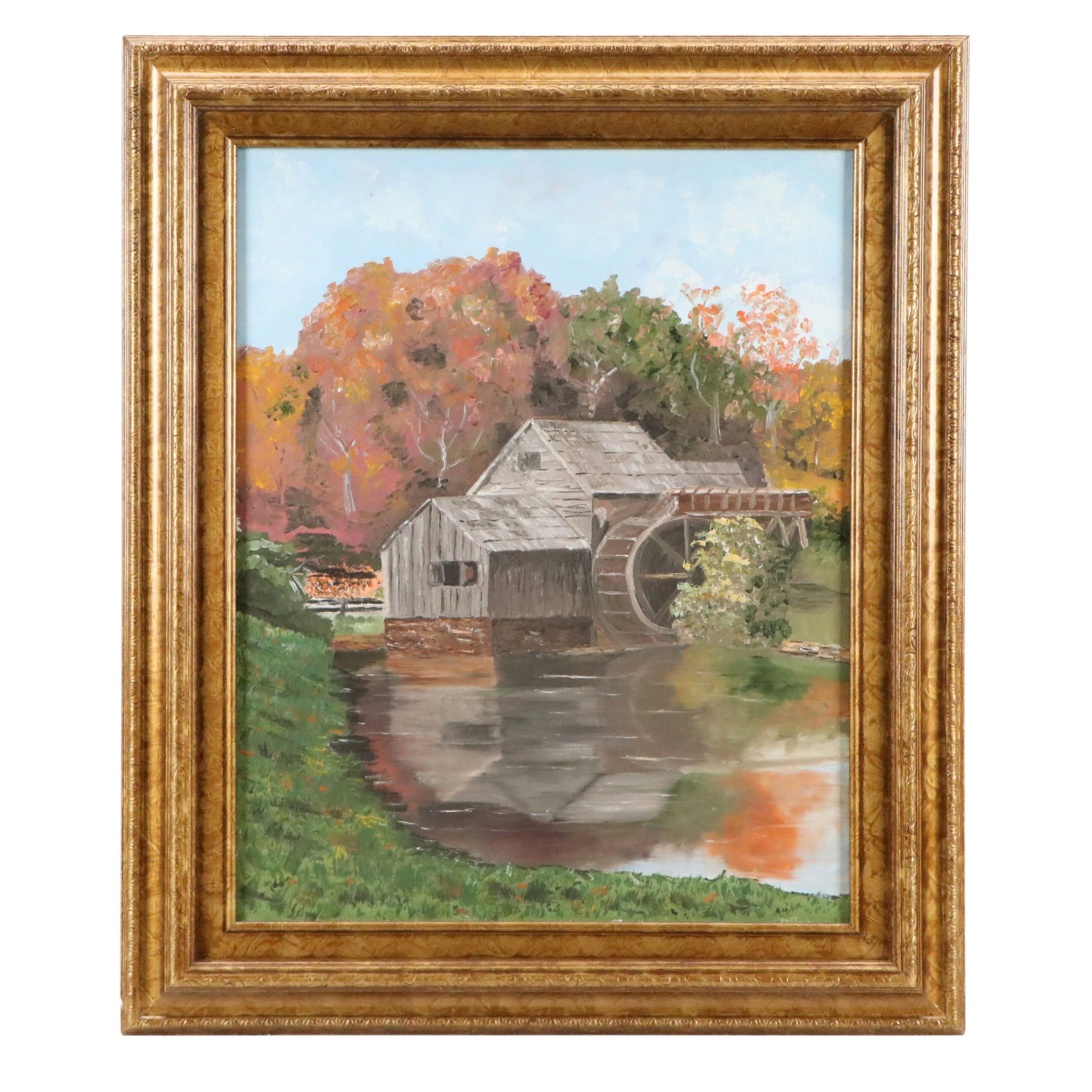 Autumn Water Mill Landscape Acrylic Painting, 20th Century
