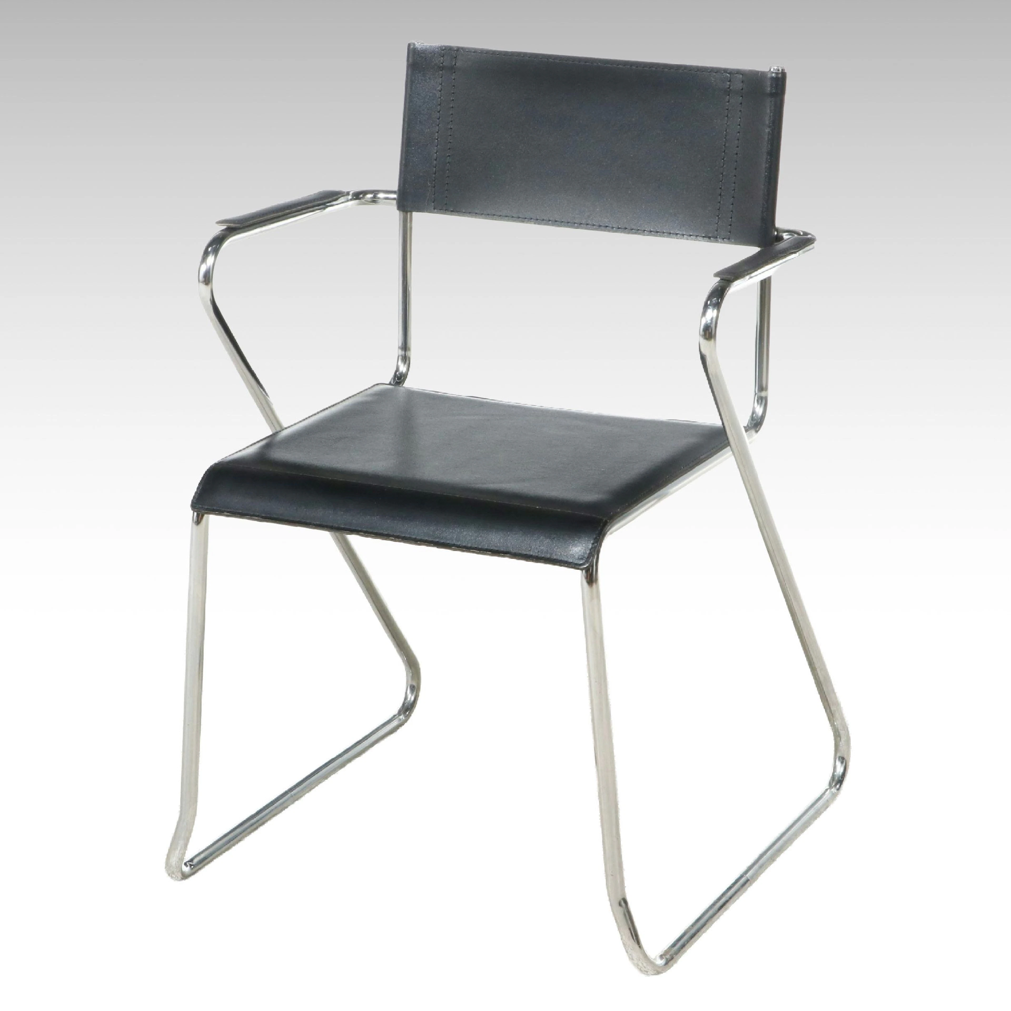 Mid Century Modern Tubular Chrome and Black Vinyl Armchair, Late 20th Century