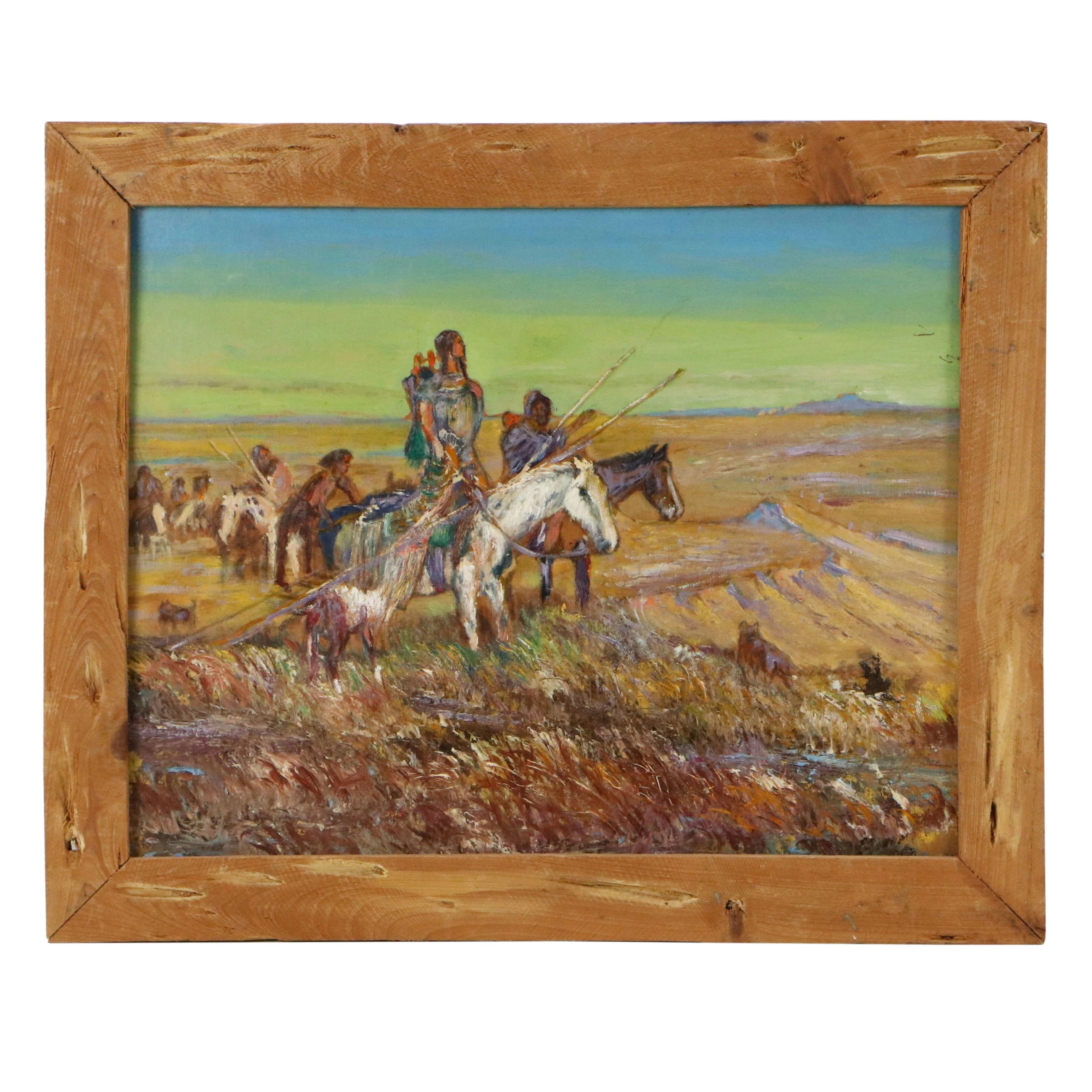 Landscape Oil Painting of Native American Figures on Horseback in Plains