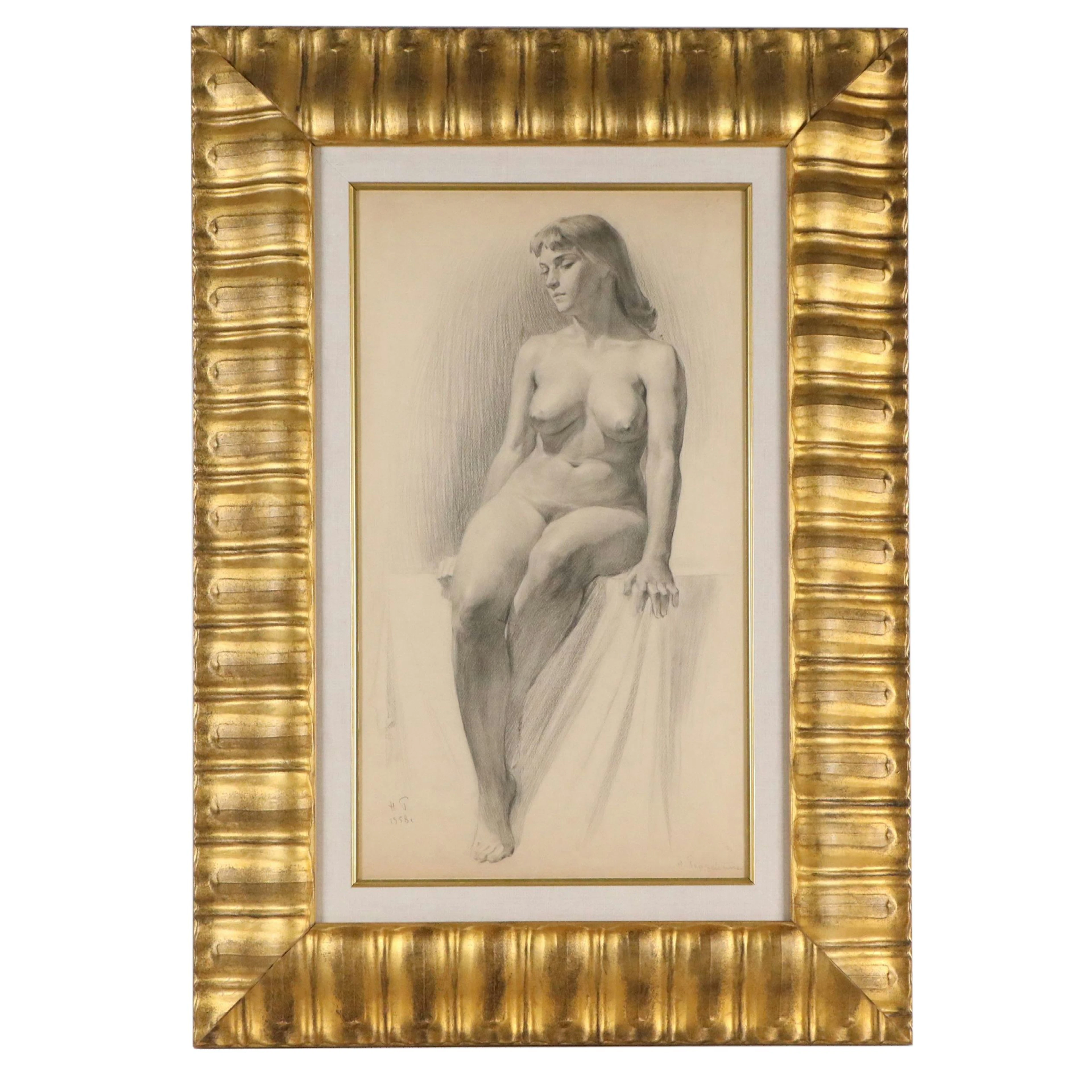 Hendrik Paulides Graphite Drawing of Seated Female Nude Figure Study, 1958