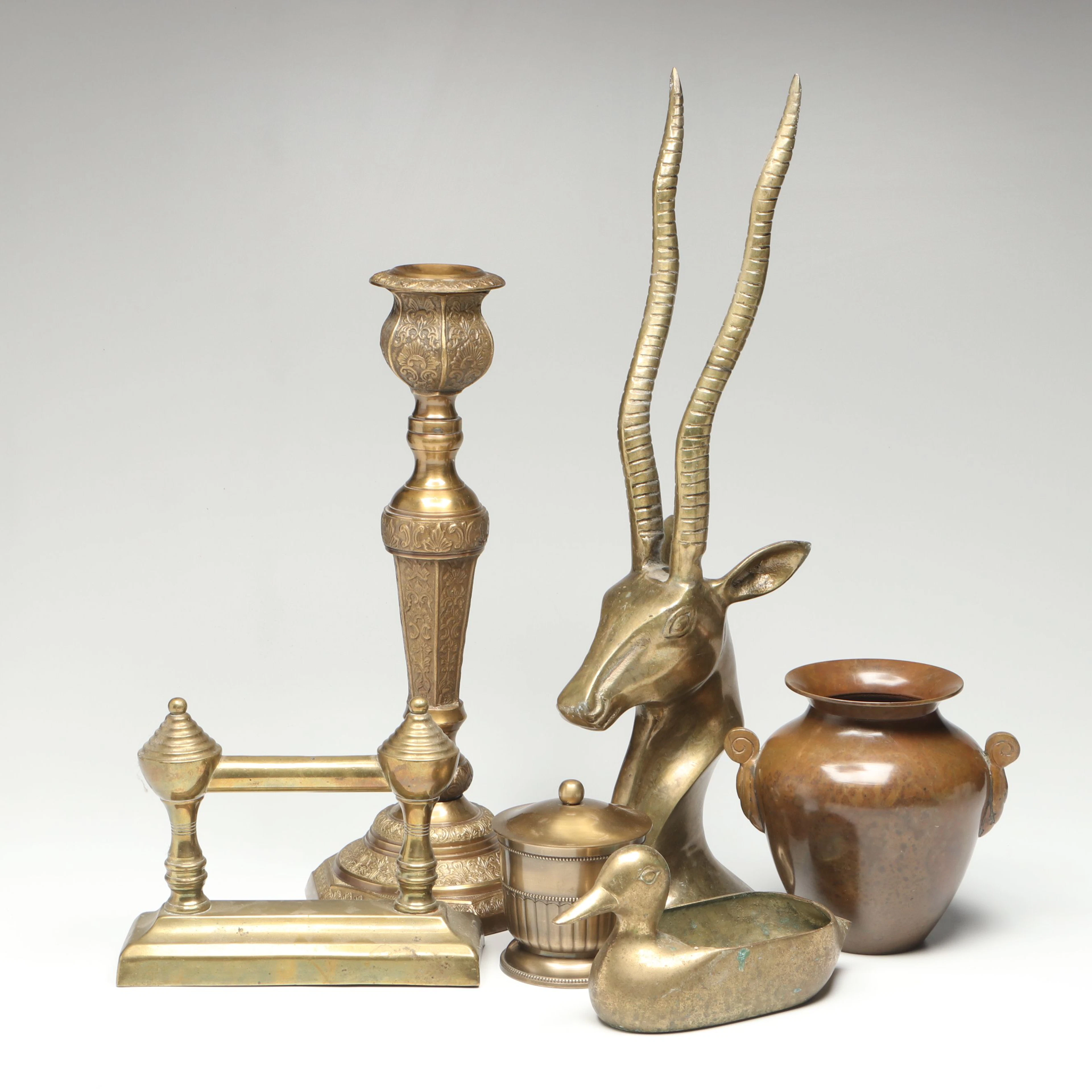MCM Style Kudu Brass Sculpture, Fireplace Tool Rest and Other India Brass