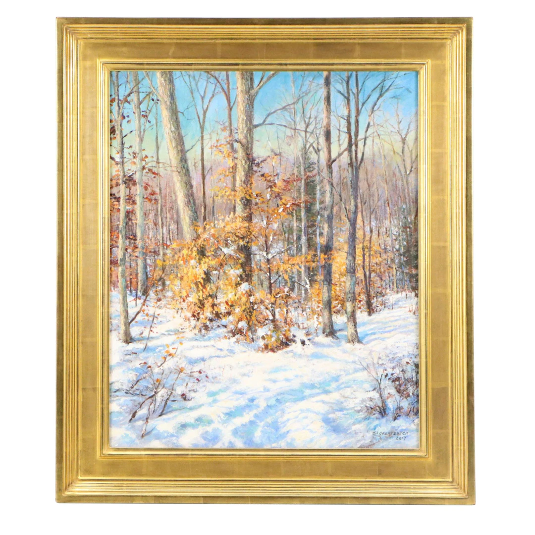 Tim Greatbatch Winter Forest Landscape Oil Painting "Sunlit Woods," 2017