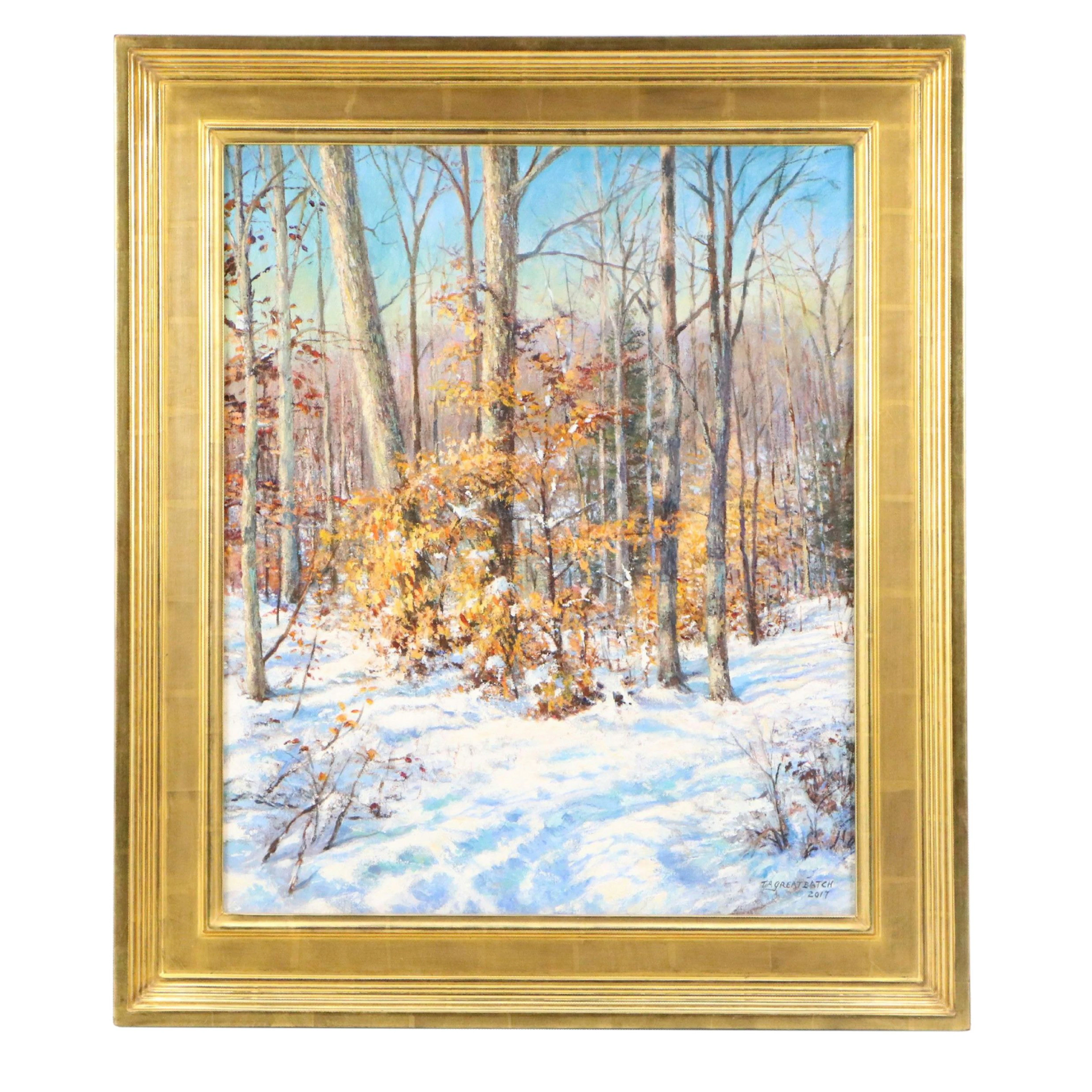Tim Greatbatch Winter Forest Landscape Oil Painting "Sunlit Woods," 2017