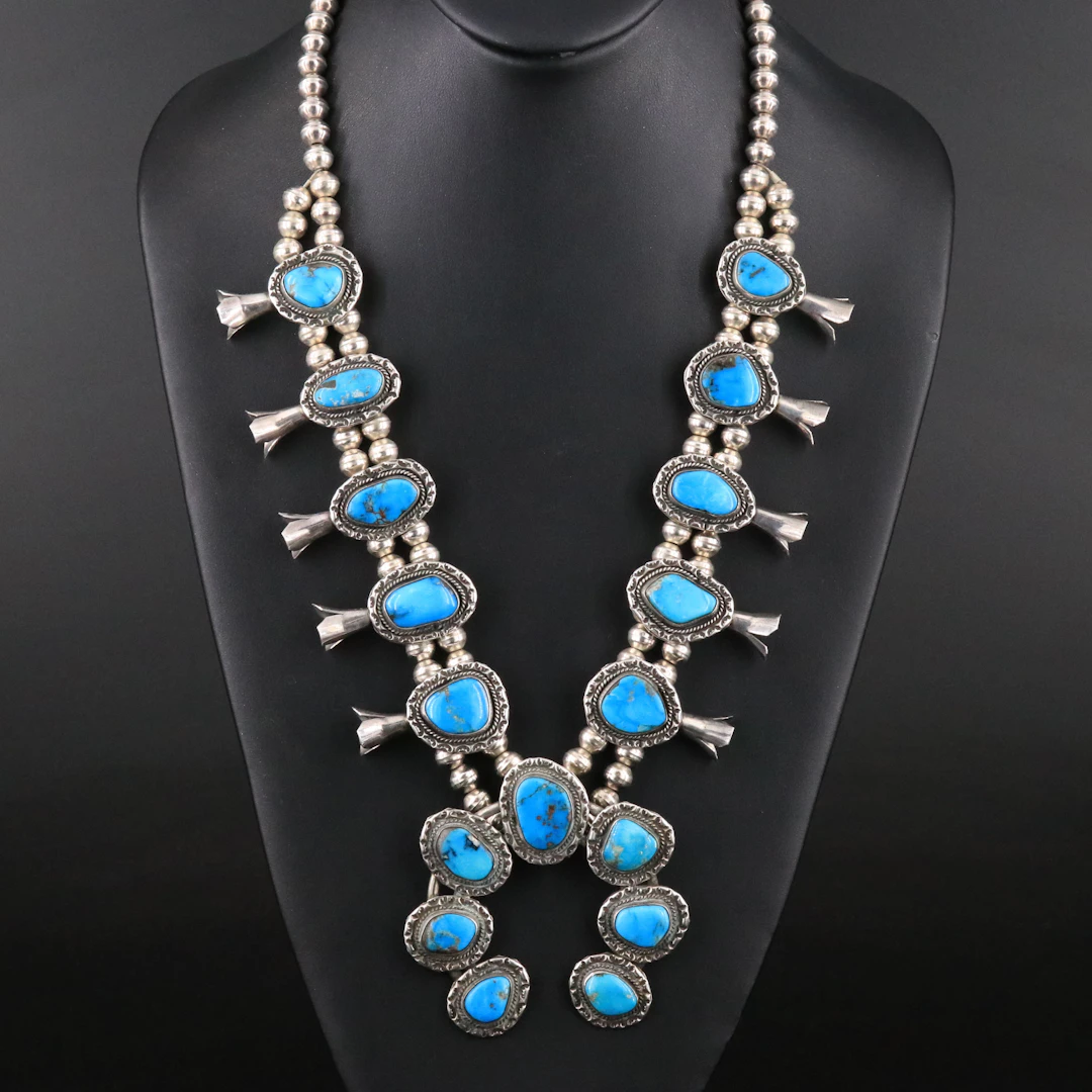 Southwestern Sterling Turquoise Squash Blossom Necklace