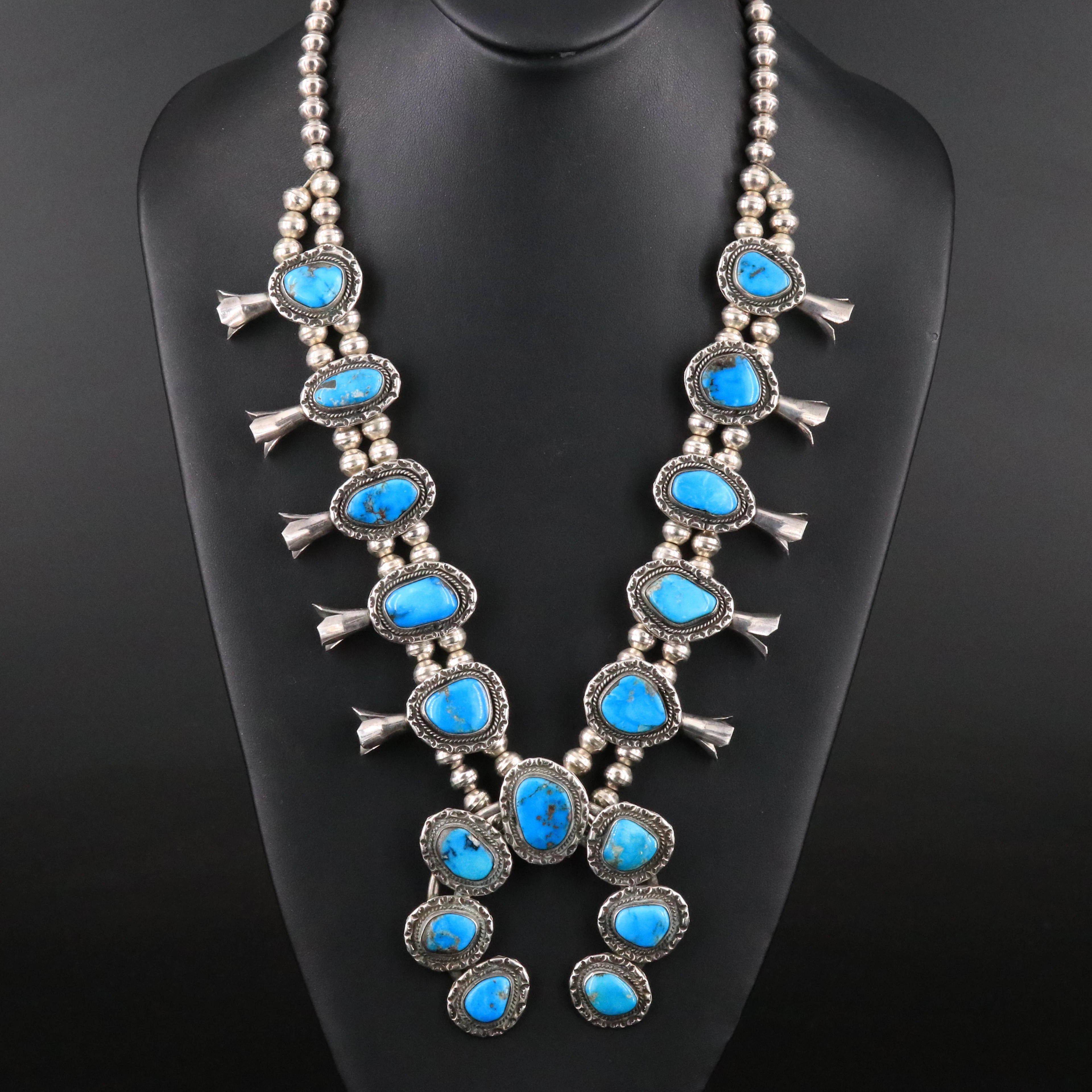 Southwestern Sterling Turquoise Squash Blossom Necklace