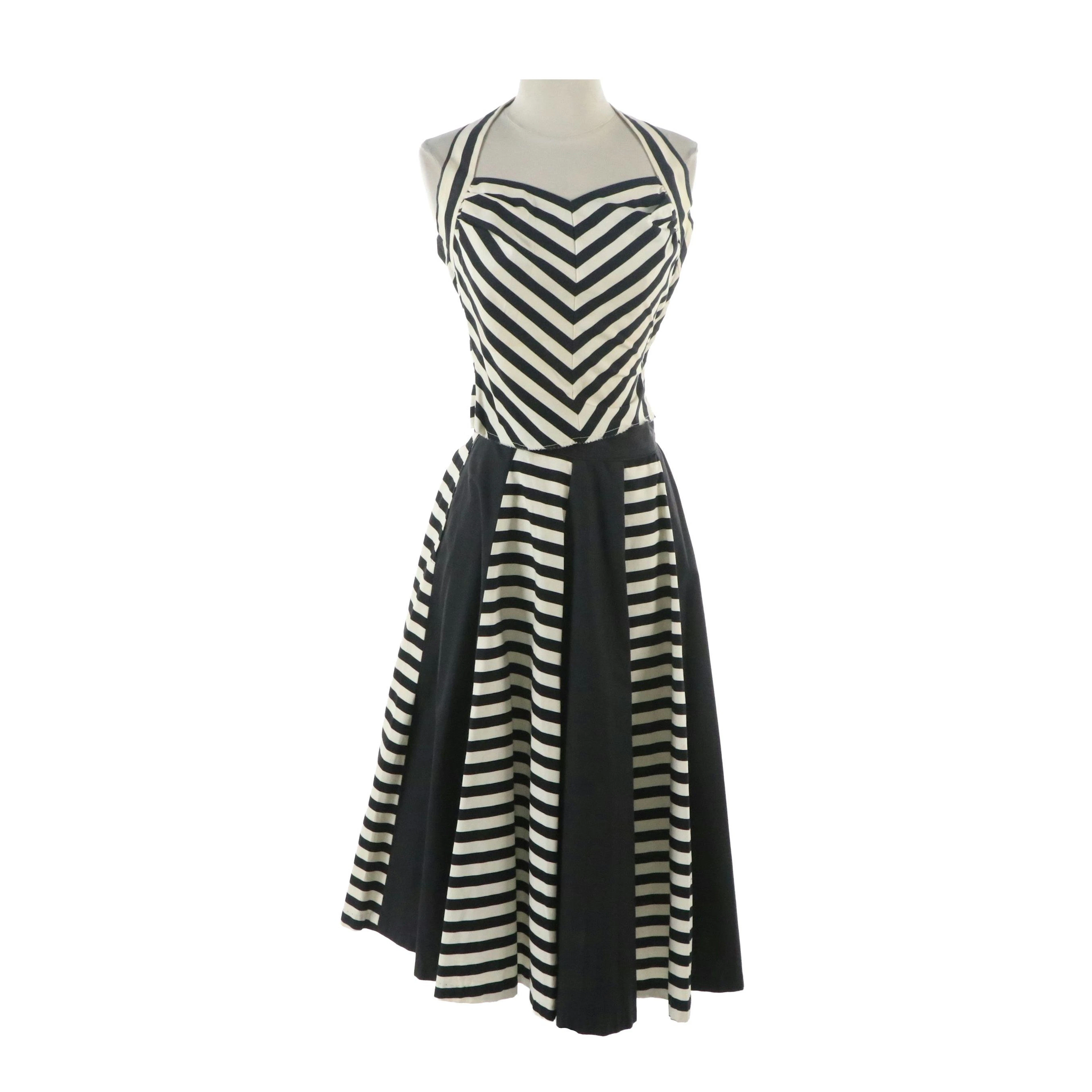 Vintage Murray Millman B&W Striped Two-Piece Halter Top Pleated Skirt Set