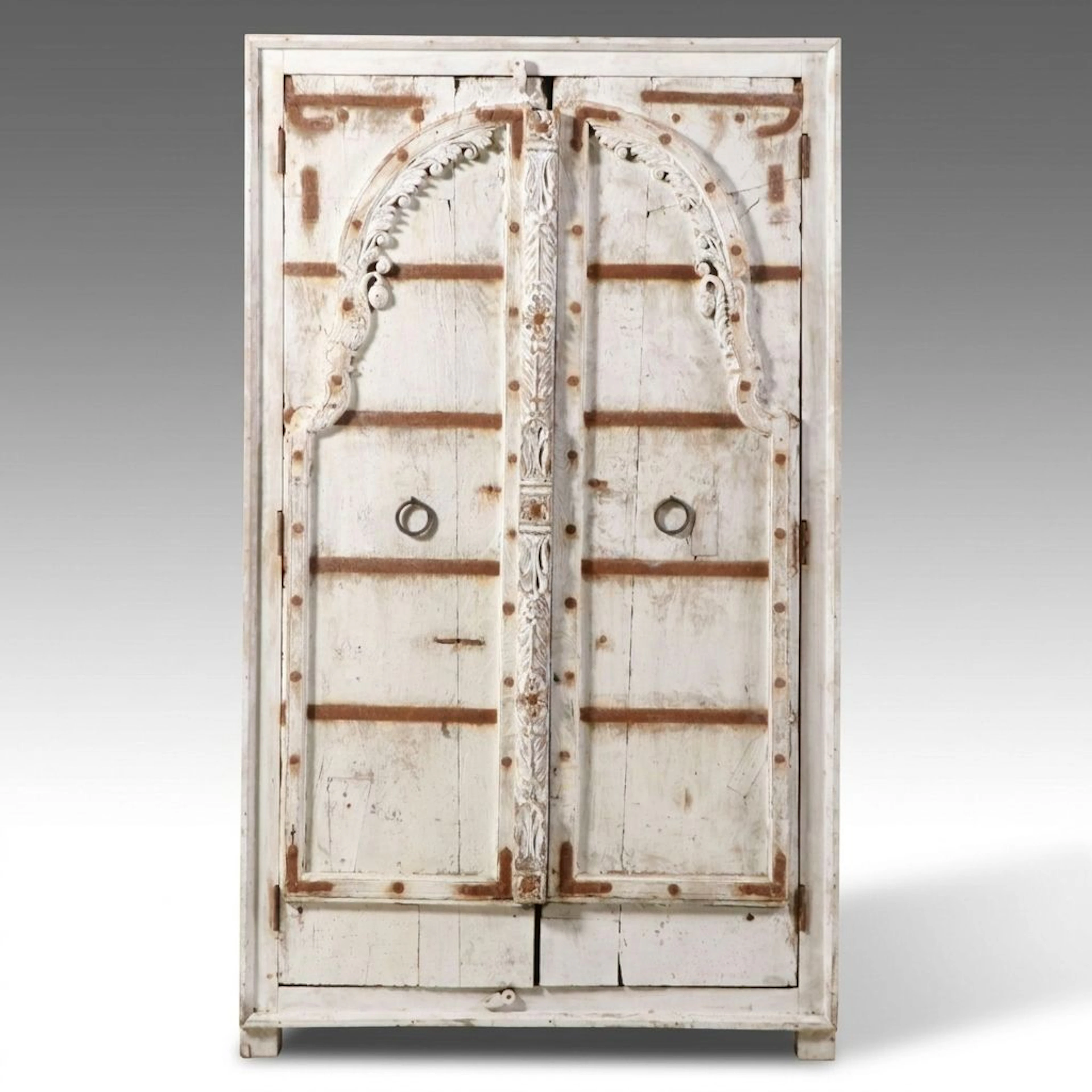 Indian Style Carved Wood Armoire with Distressed Paint Finish