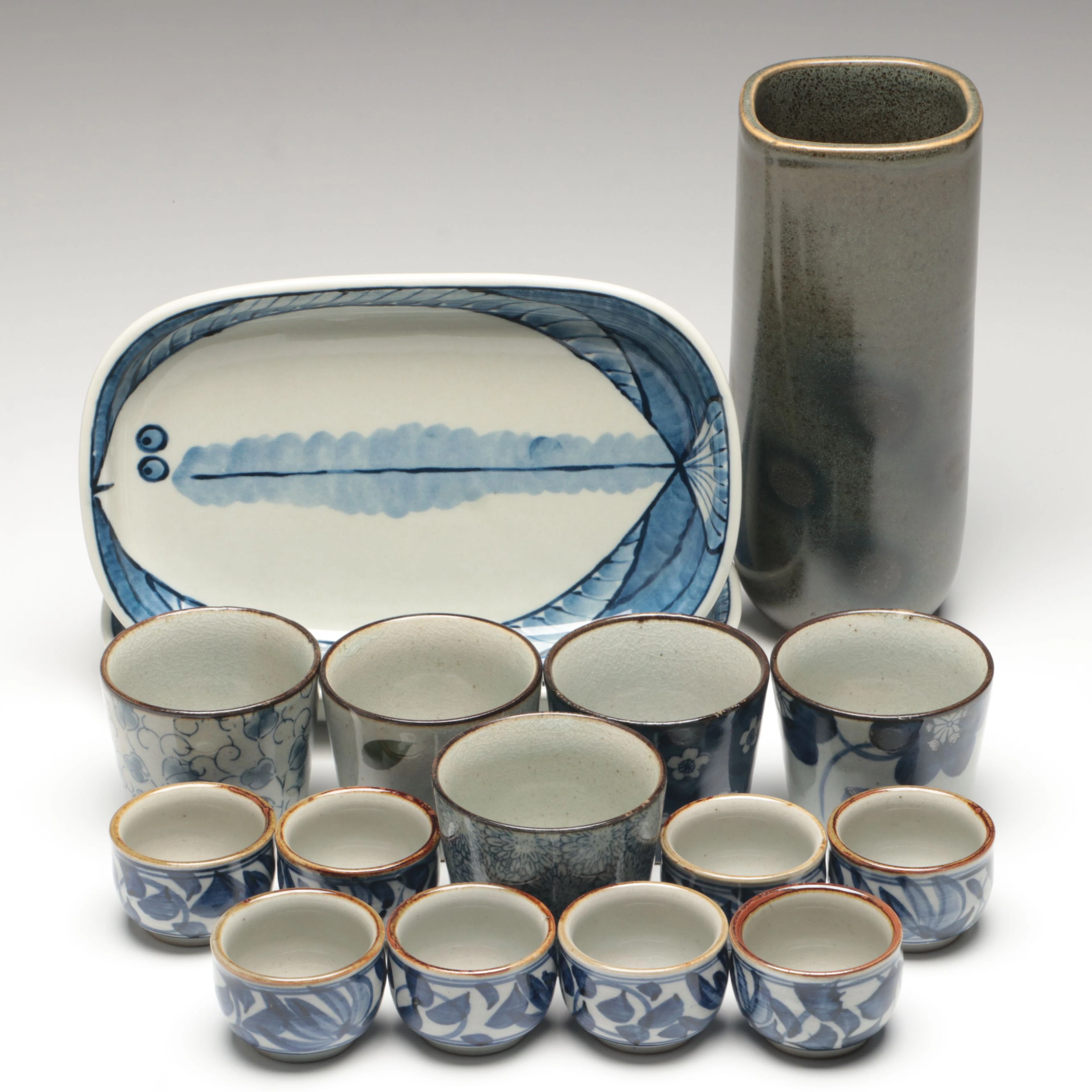 Japanese Fish Motif Ceramic Plates with Soba Choko, Sake Cups and Vase