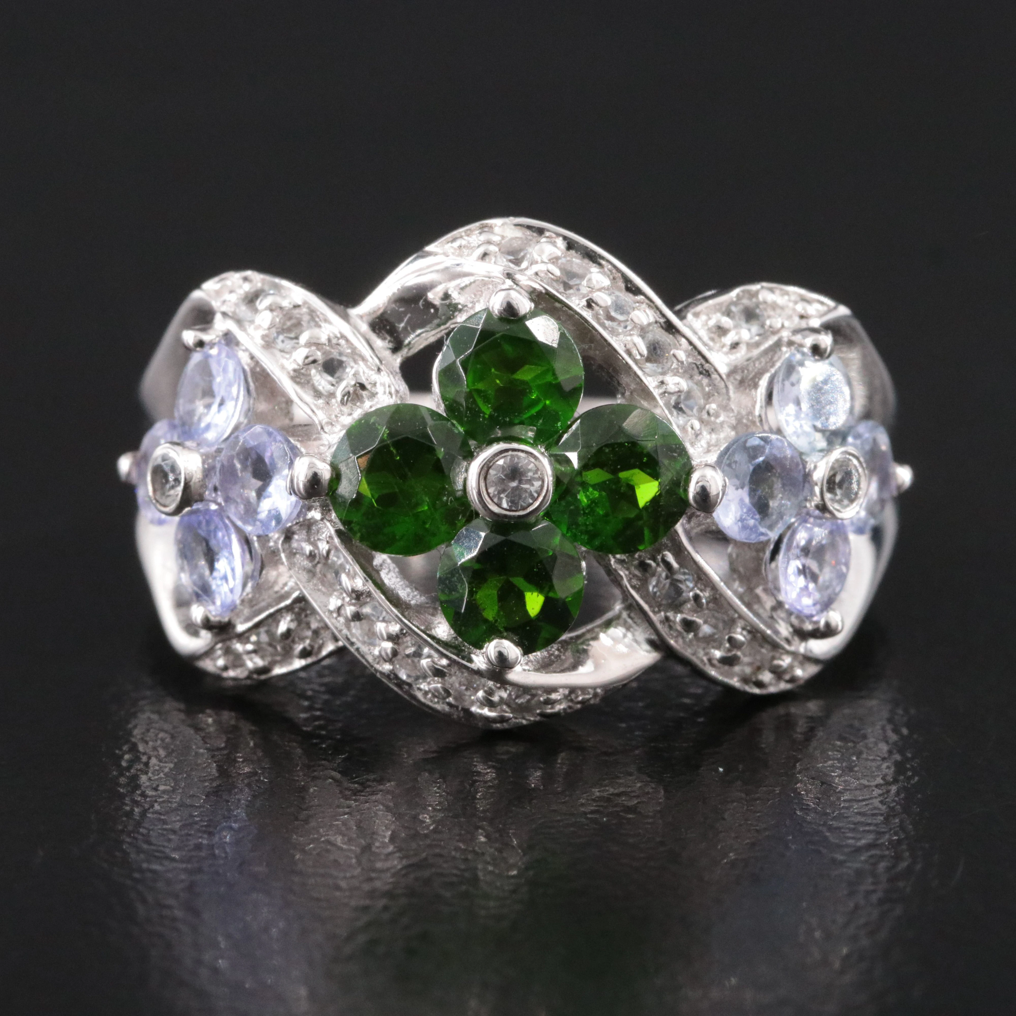 Sterling Chrome Diopside and Topaz Flower Ring