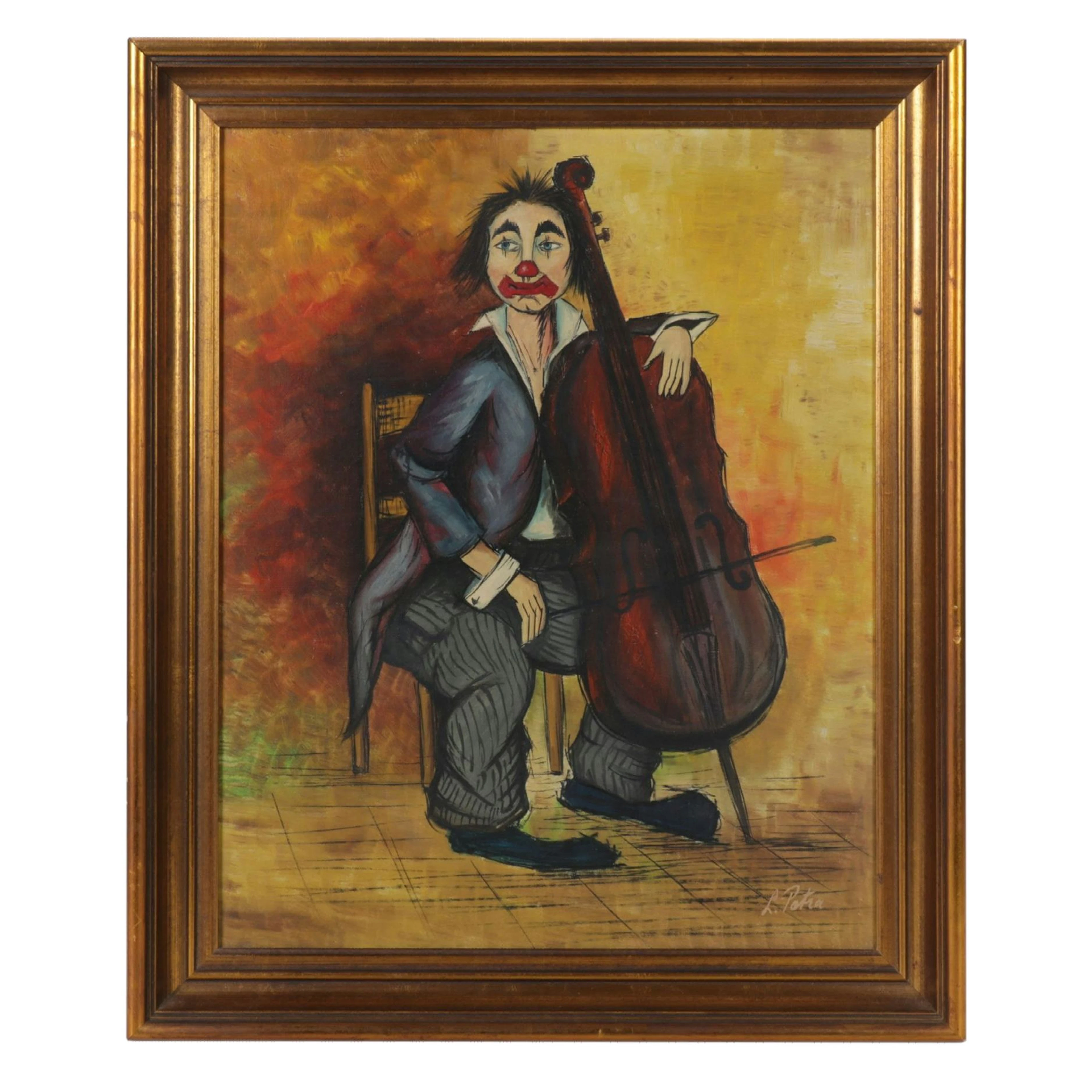 L. Petra Oil Painting of Clown Playing the Cello
