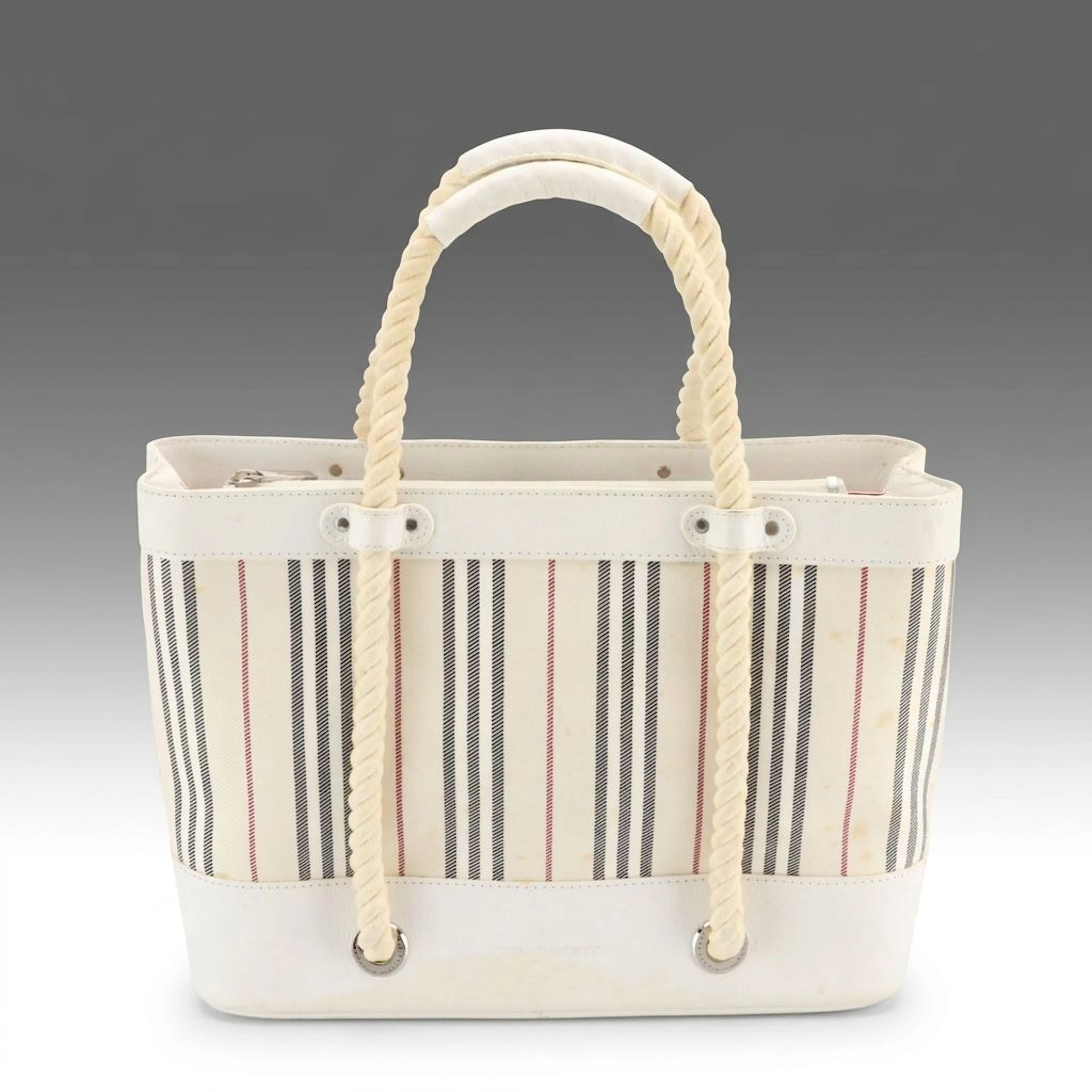 Burberry Tote Bag in Striped Canvas and White Leather with Rope Handle