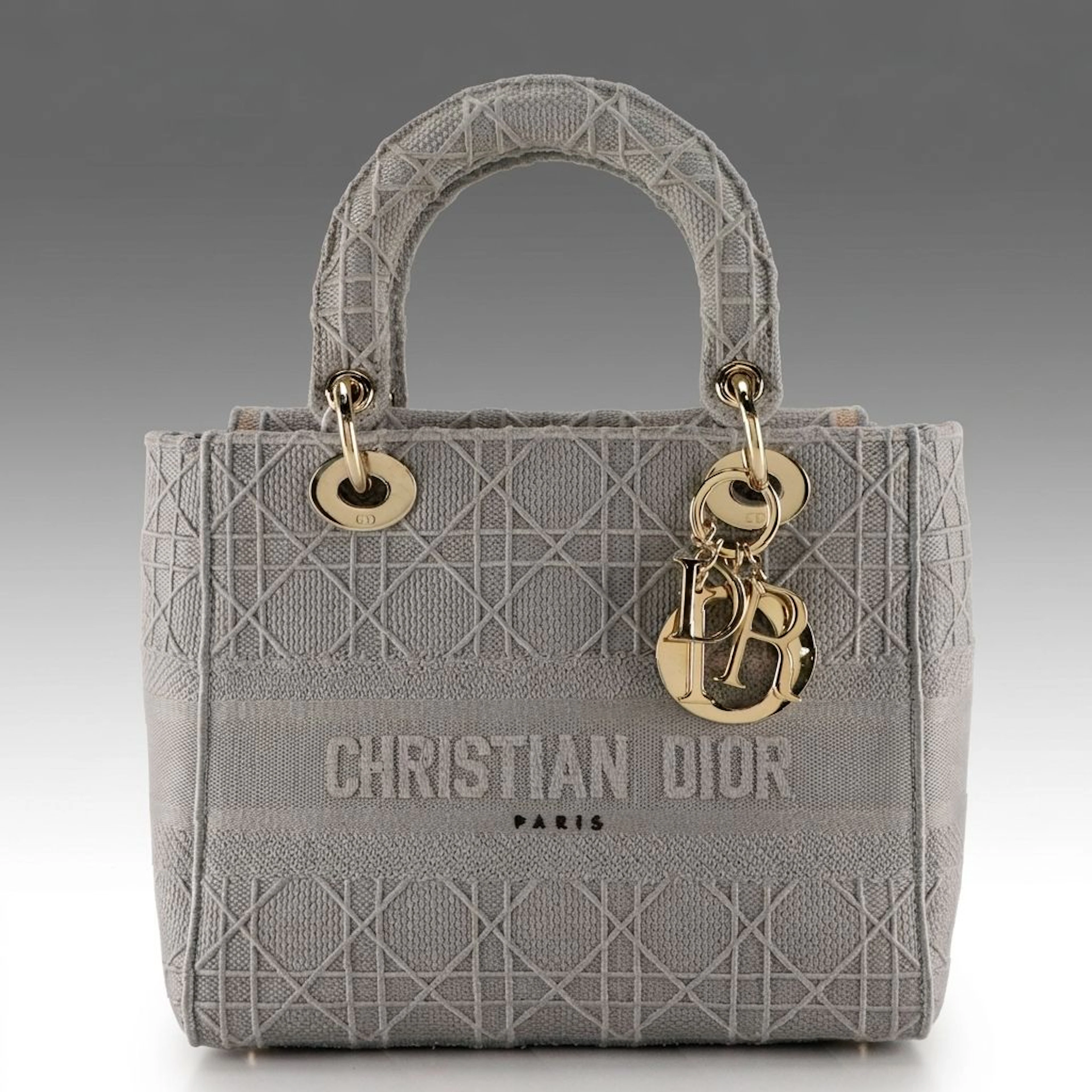 Christian Dior Gray Embroidered Cannage Canvas Medium Lady D-Lite Bag