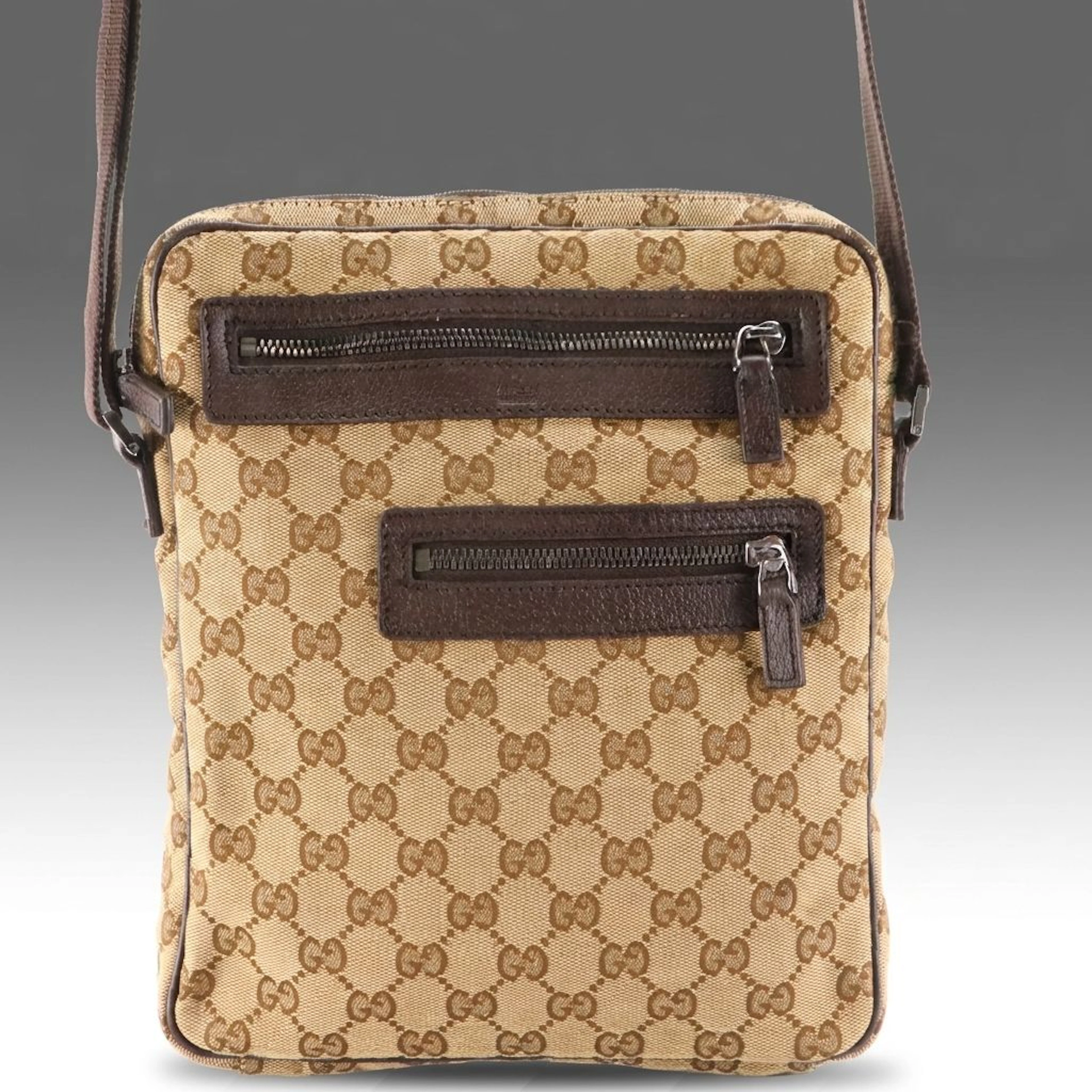 Gucci Front Zip Pocket Crossbody Bag in GG Canvas and Brown Leather