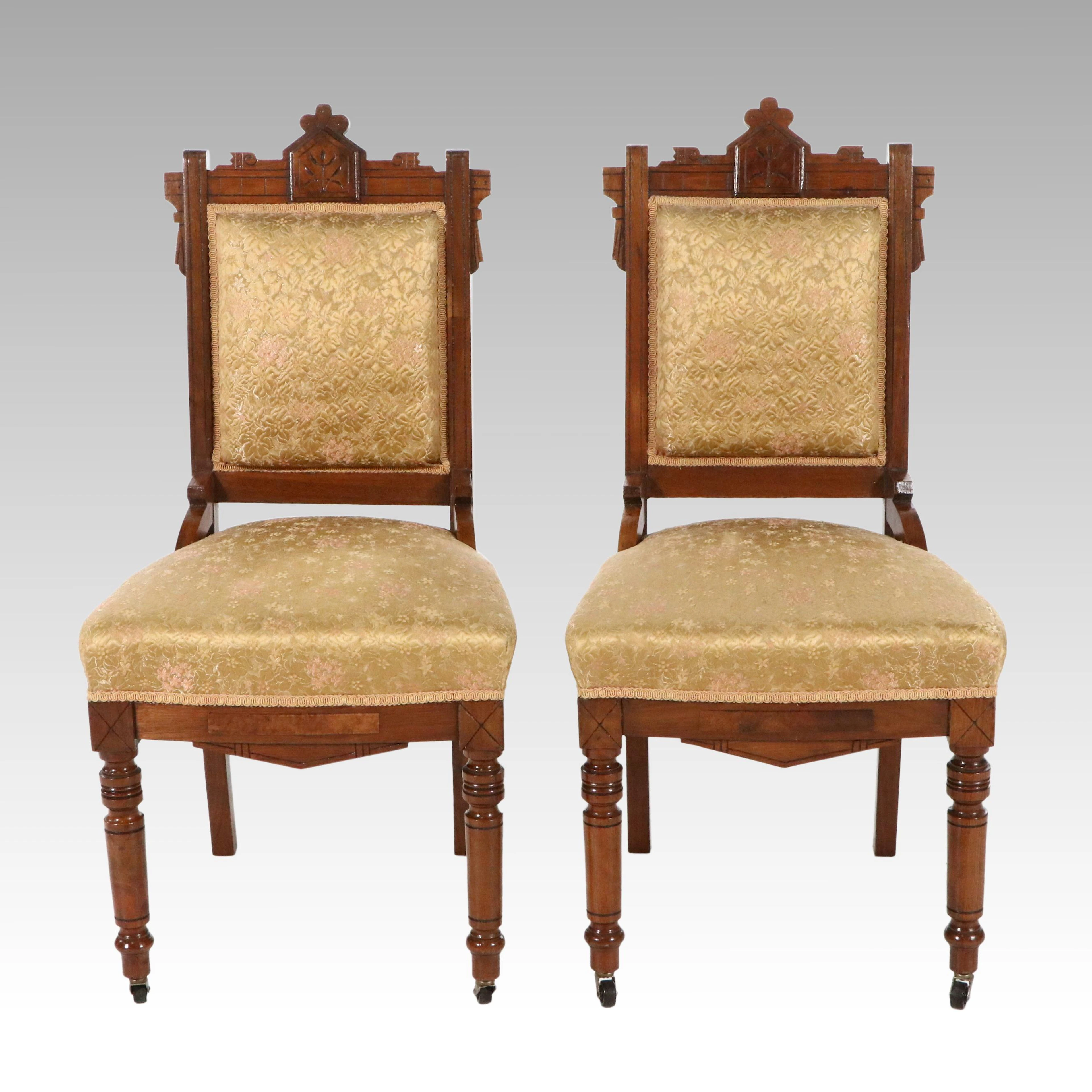 Eastlake Carved Walnut Side Chairs in Brocade Upholstery