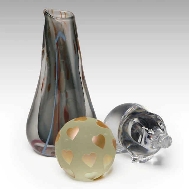 Steven Correia Iridescent Heart Paperweight and Orrefors Crystal Pig with Vase