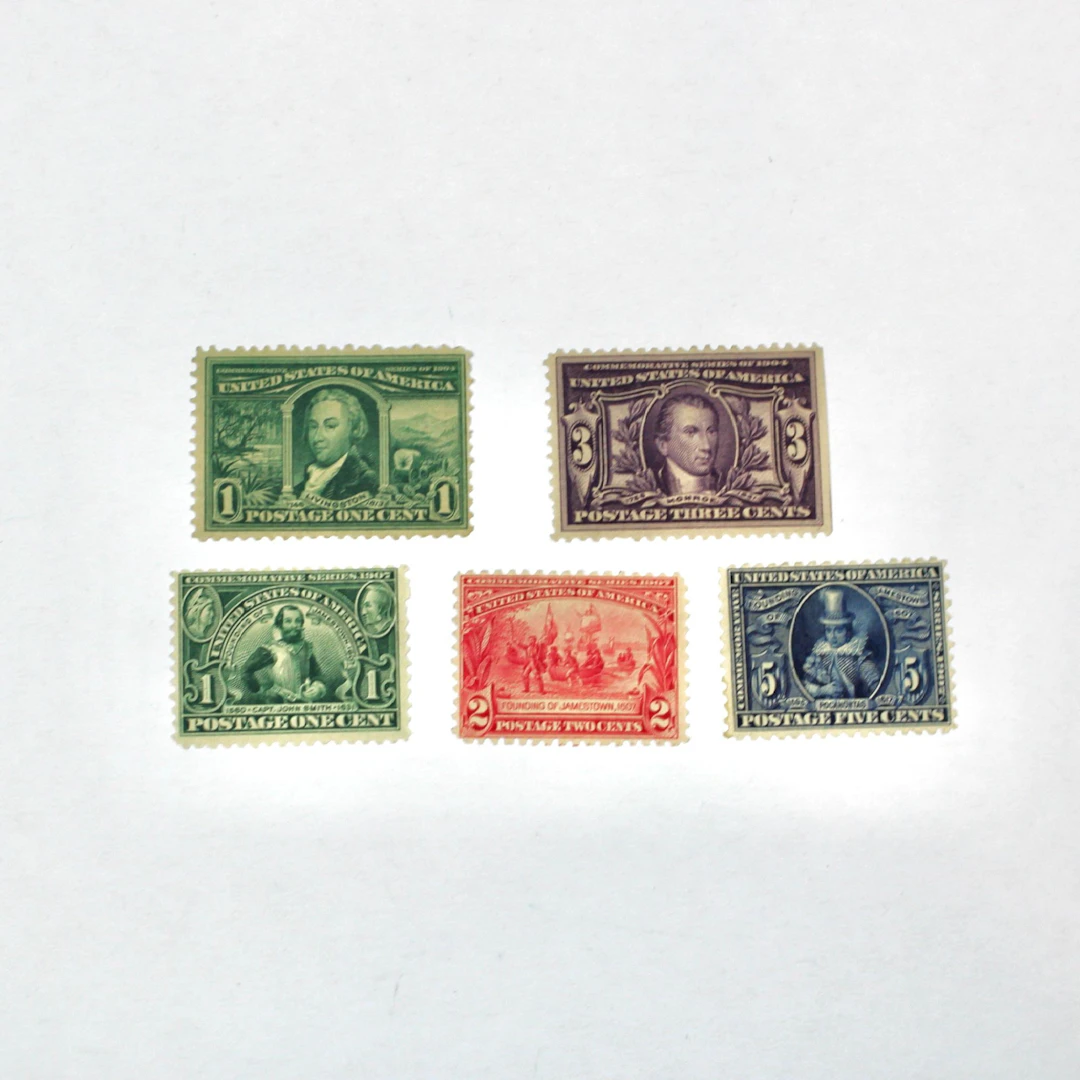 Five Mint Hinged Early U.S. Commemorative Postage Stamps: 1904 to 1907