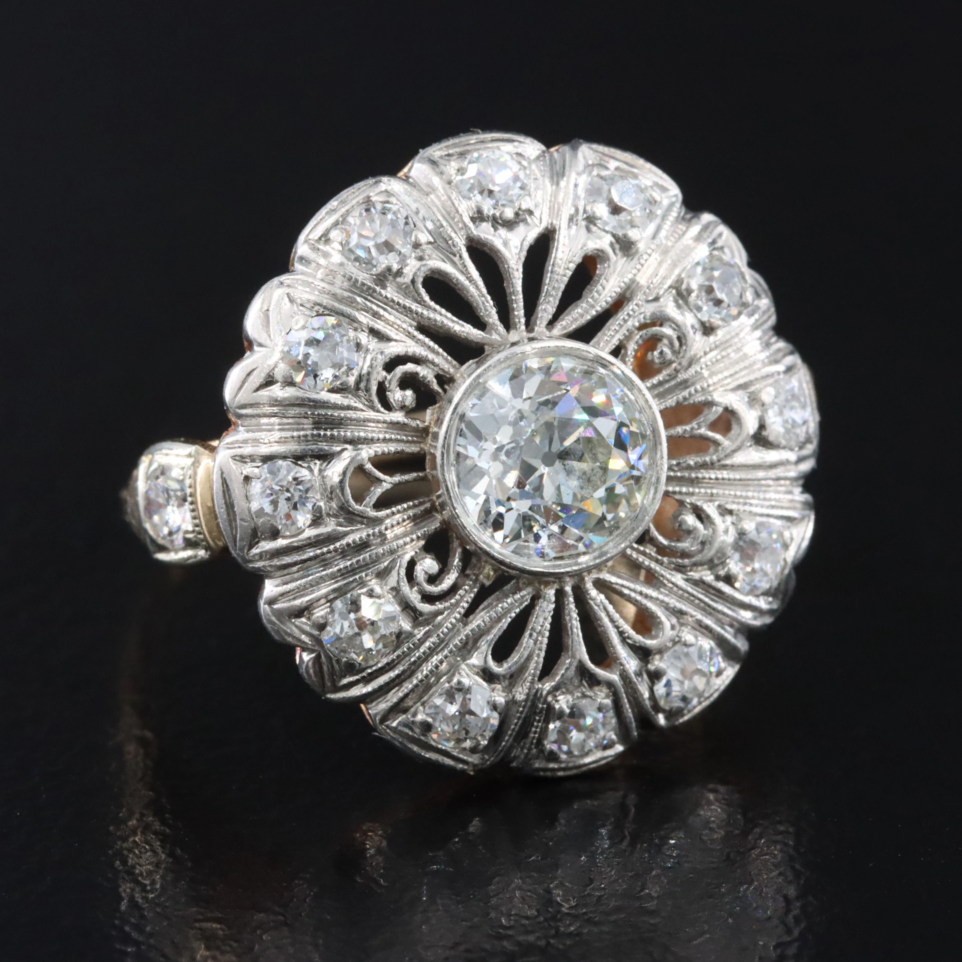 Edwardian 14K 1.35 CTW Diamond Flower Ring with Palladium Top