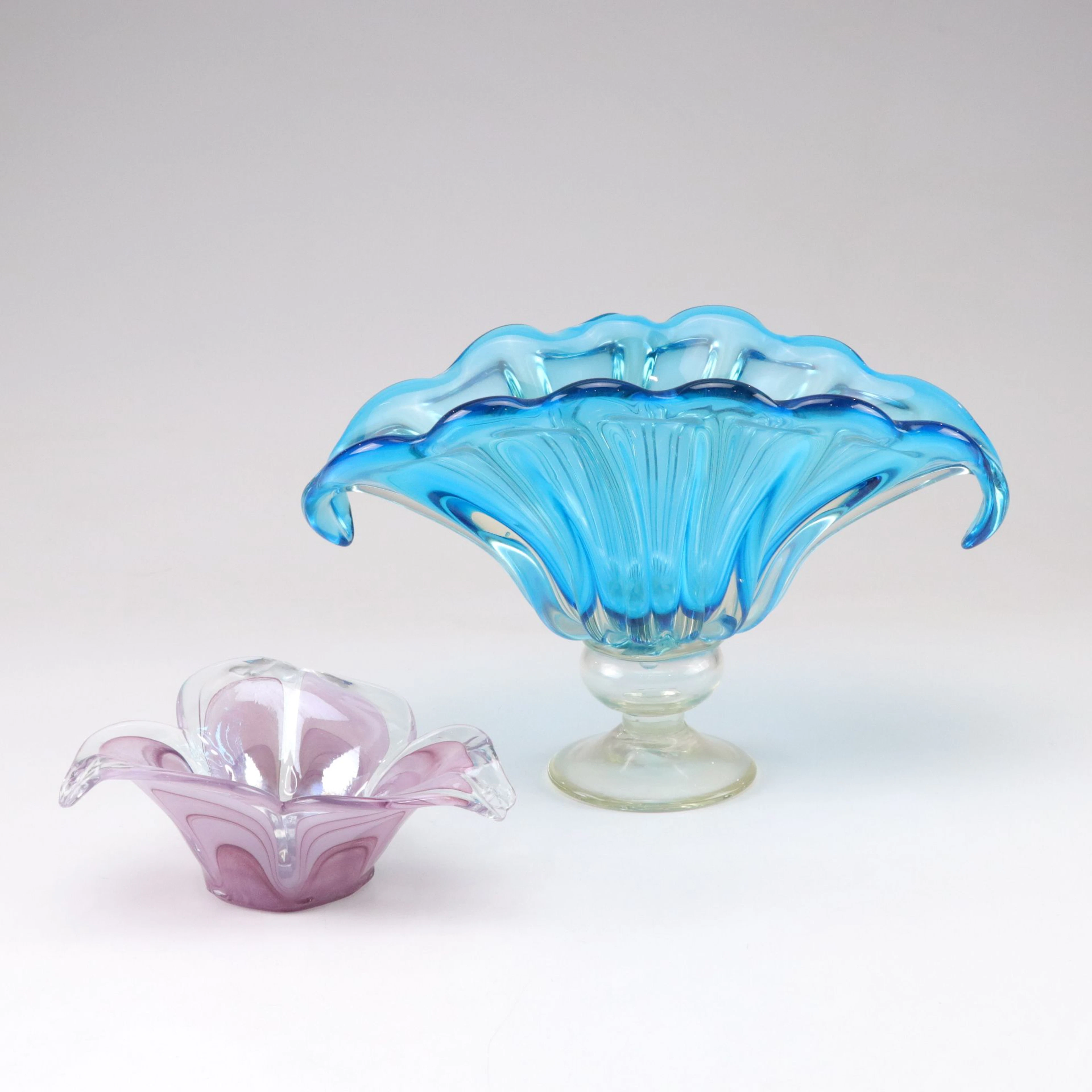 Murano Glass Floral Bowl with Light Blue Glass Footed Vase, Vintage